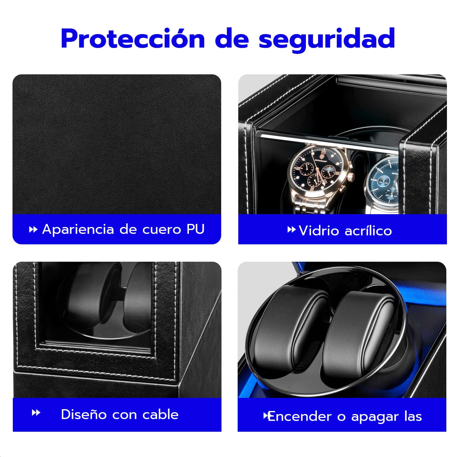 Caja automática doble para reloj, para 2 Relojes, Con LED azul, Caja enrolladora automática para Relojes, Vitrina acrílica de Cuero - Negro