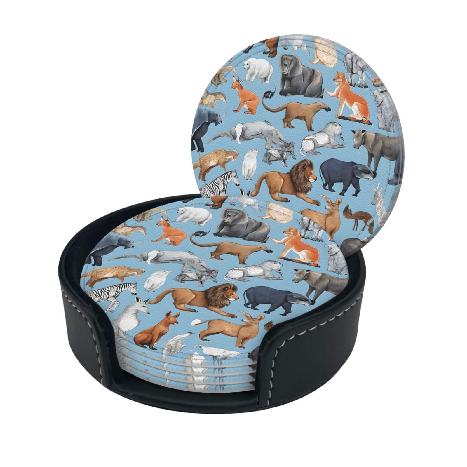 Farm Animal Print Coaster,Round Leather Coasters with Storage Box for Wine Mugs,Cold Drinks and Cups Tabletop Protection (6 Piece)