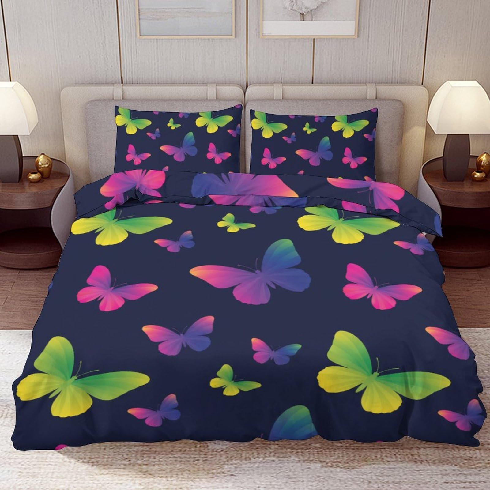 Delerain Comforter Cover Set Twin Size, Vibrant Rainbow Butterfly 3-Piece Bedding Set for Boys Girls Teens Modern Soft Microfiber Bedroom Set Room Decor, 1 Duvet Cover + 2 Pillowcases