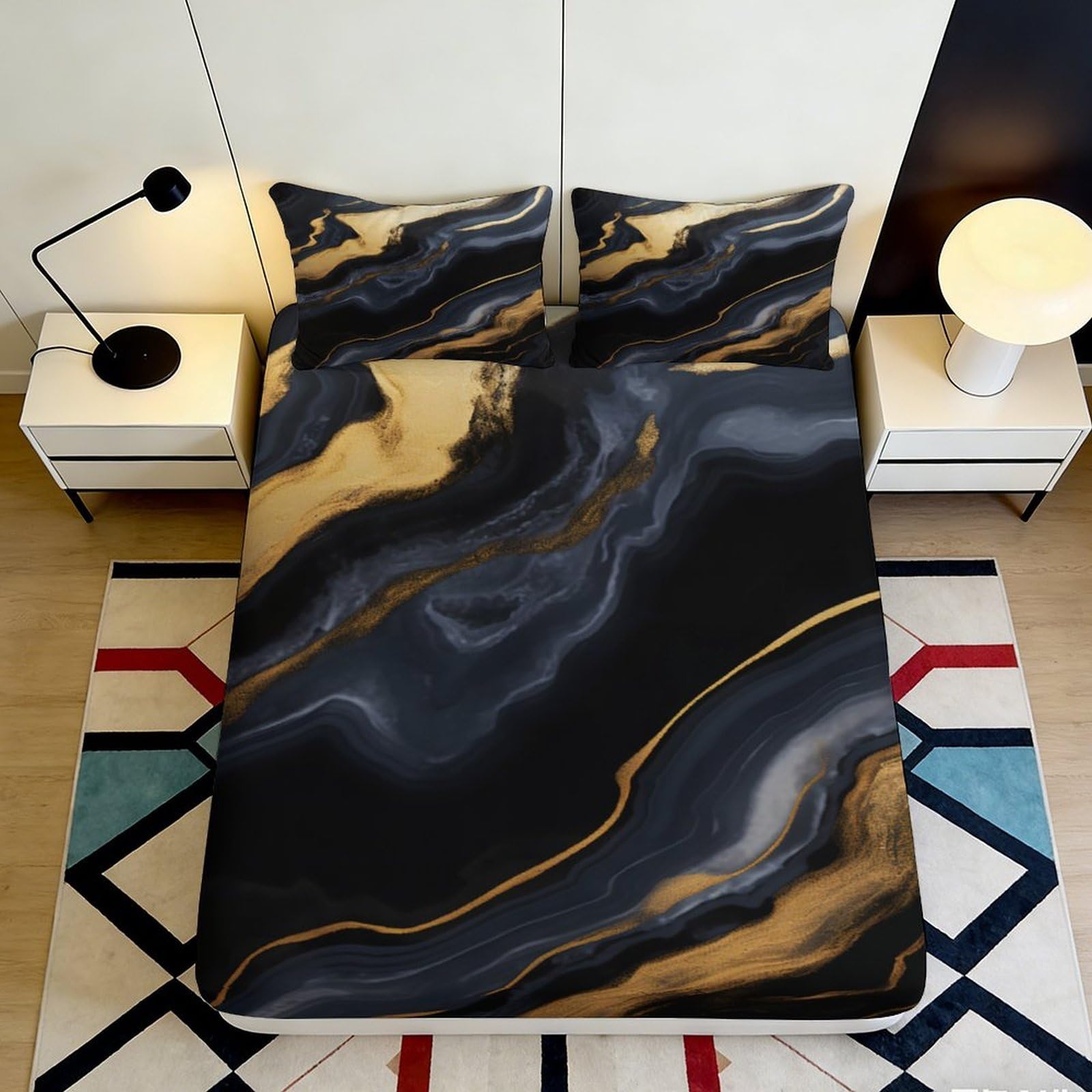3D Printed Black Gold Marble Fitted Sheet Microfiber Soft Breathable Abstract Swirl Bed Cover for Bedroom Dormitory Guest Room Mattress Protection 120x200x25cm