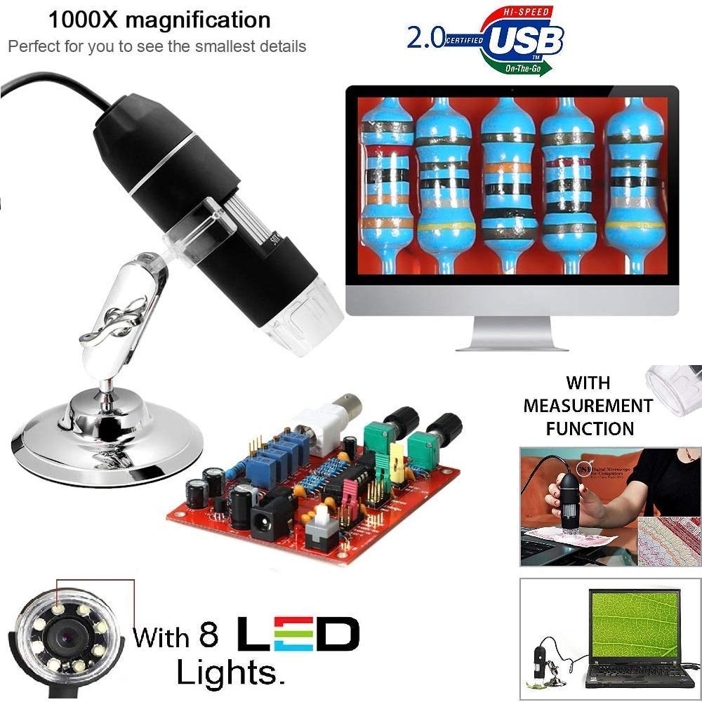 Microware 1000x HD Digital Endoscope Camera Microscopes 500X 800X Electronic Microscope 8*LED CMOS Sensor Stand Optical Loupes Magnifier : 800X, Black 1