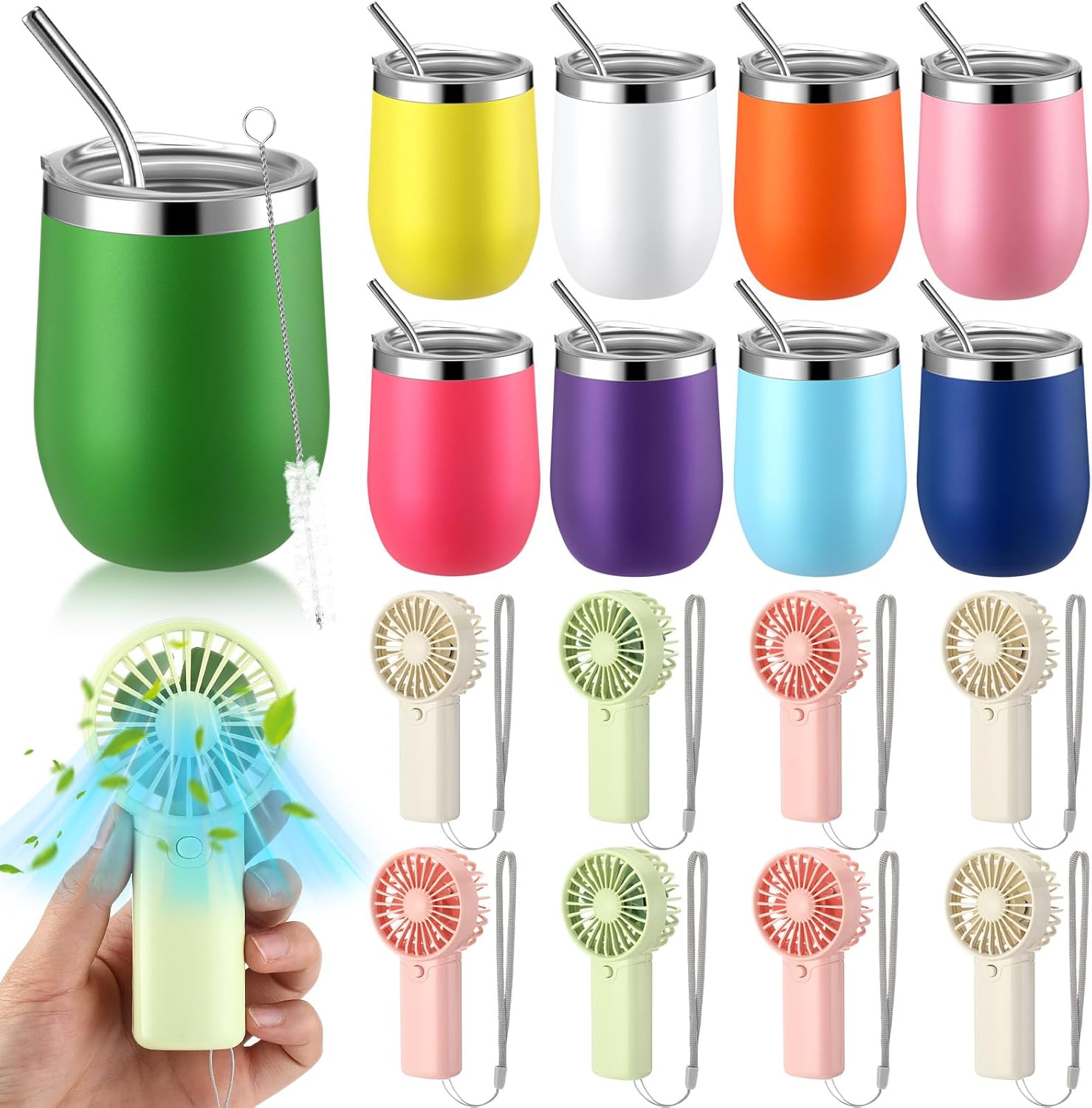 18 Pcs 12 oz Stainless Steel Wine Tumblers and Mini Portable Handheld Fans Set Colorful Insulated Wine Tumblers with Lids and Straws Personal Hand Fans for Summer Travel Gifts