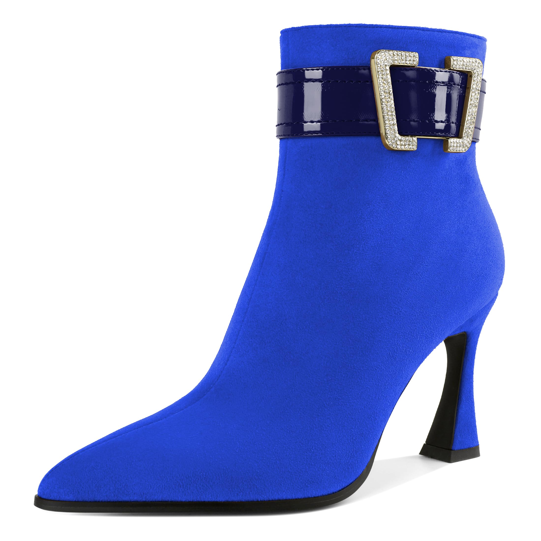 AUMOTED Womens Over The Knee Boots With Buckle Rhinestones Thigh High Heel Pointed-toe Booties Elegant Spool Heel Booties