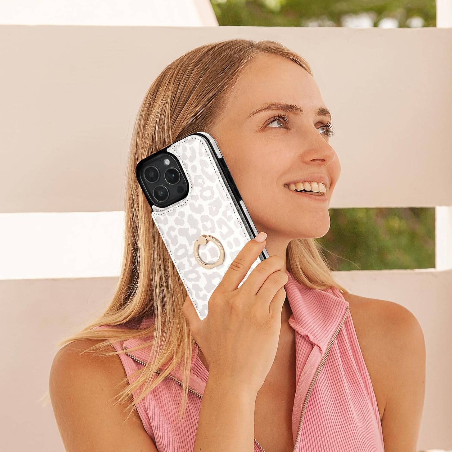 HAOPINSH for iPhone 16 Pro Max Wallet Case with Card Holder, 360°Rotation Ring Kickstand, White Leopard Pattern, RFID Blocking Leather for Girls Women, Double Buttons Protective Cover 6.9"