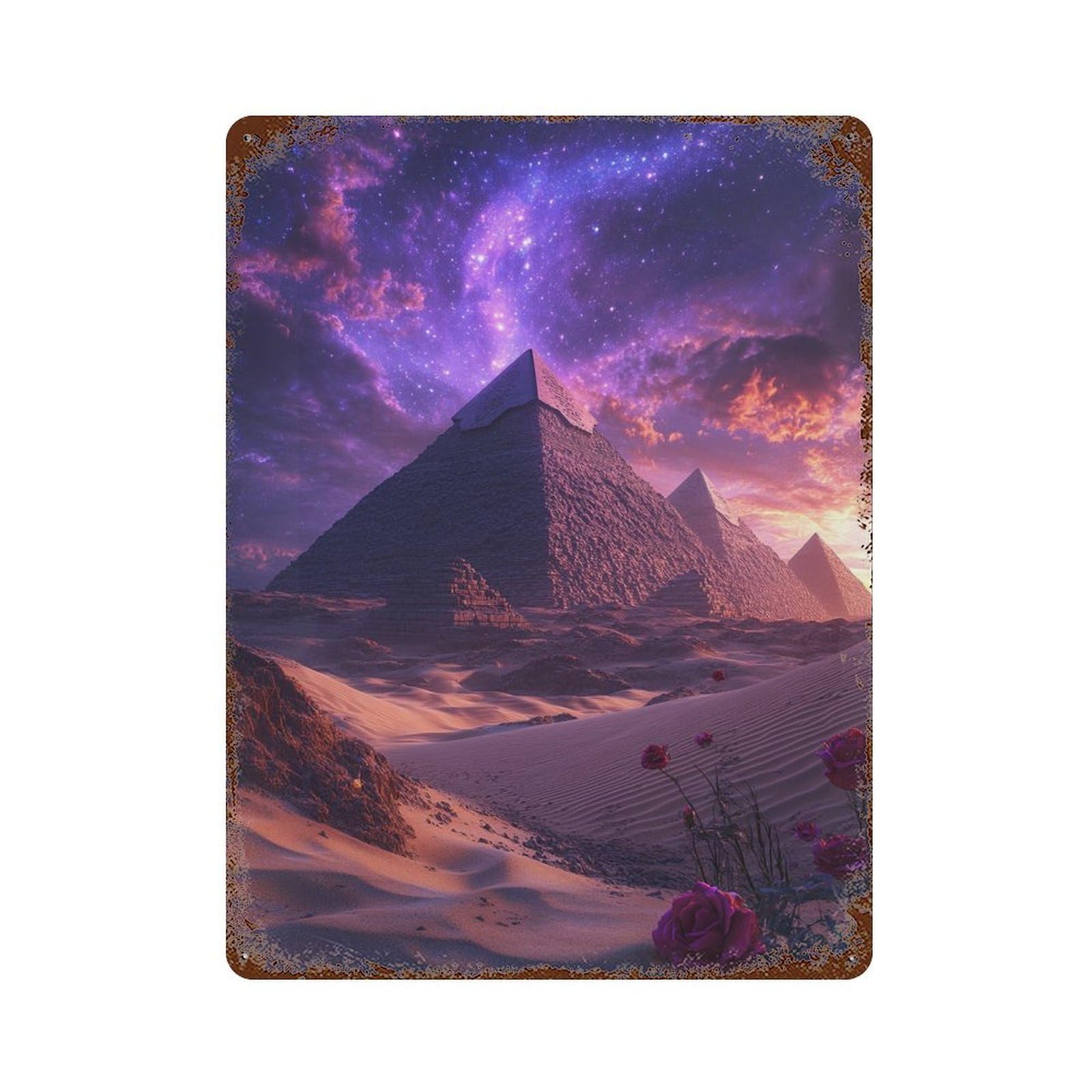 Rust Effect Tin Sign Pyramids in The Desert with Roses 15.7"x11.8", Industrial Home Decor for Garage, Bar And Workshop Decor