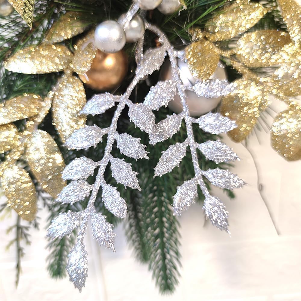 4Pcs 24 in Prelit Teardrop Swag, Stairway Decorations with Christmas Balls 30Light Swag, Wreaths for Staircase Front (Gold)