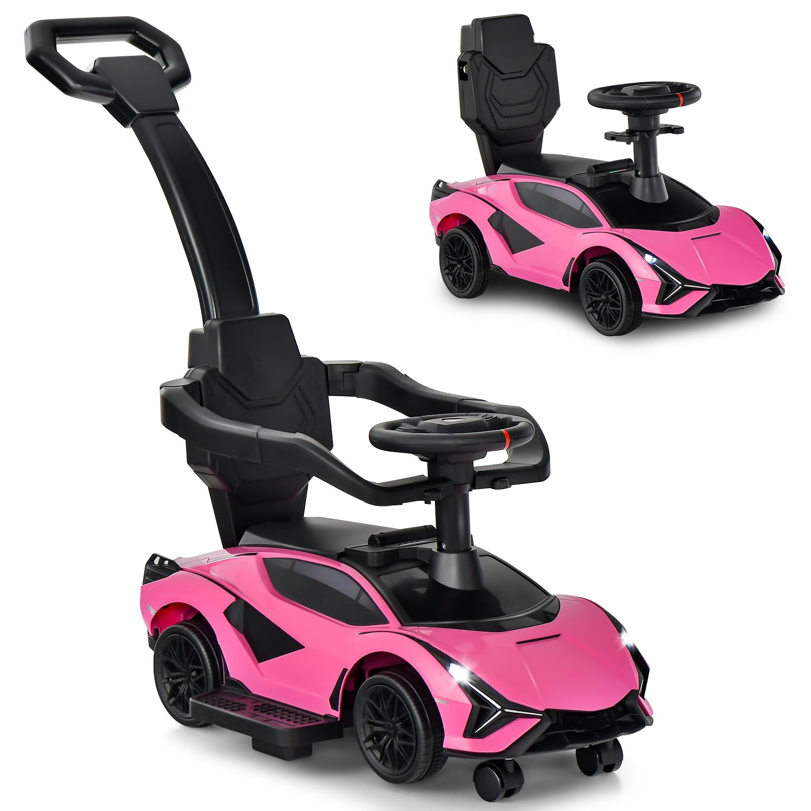 INFANS 3 in 1 Ride on Push Car, Licensed Lamborghini Baby Stroller Sliding Walking Car with Parent Control Handle, Music, Headlight, Under Seat Storage, Kids Foot-to-Floor Toy for 18-60 Months (Pink)