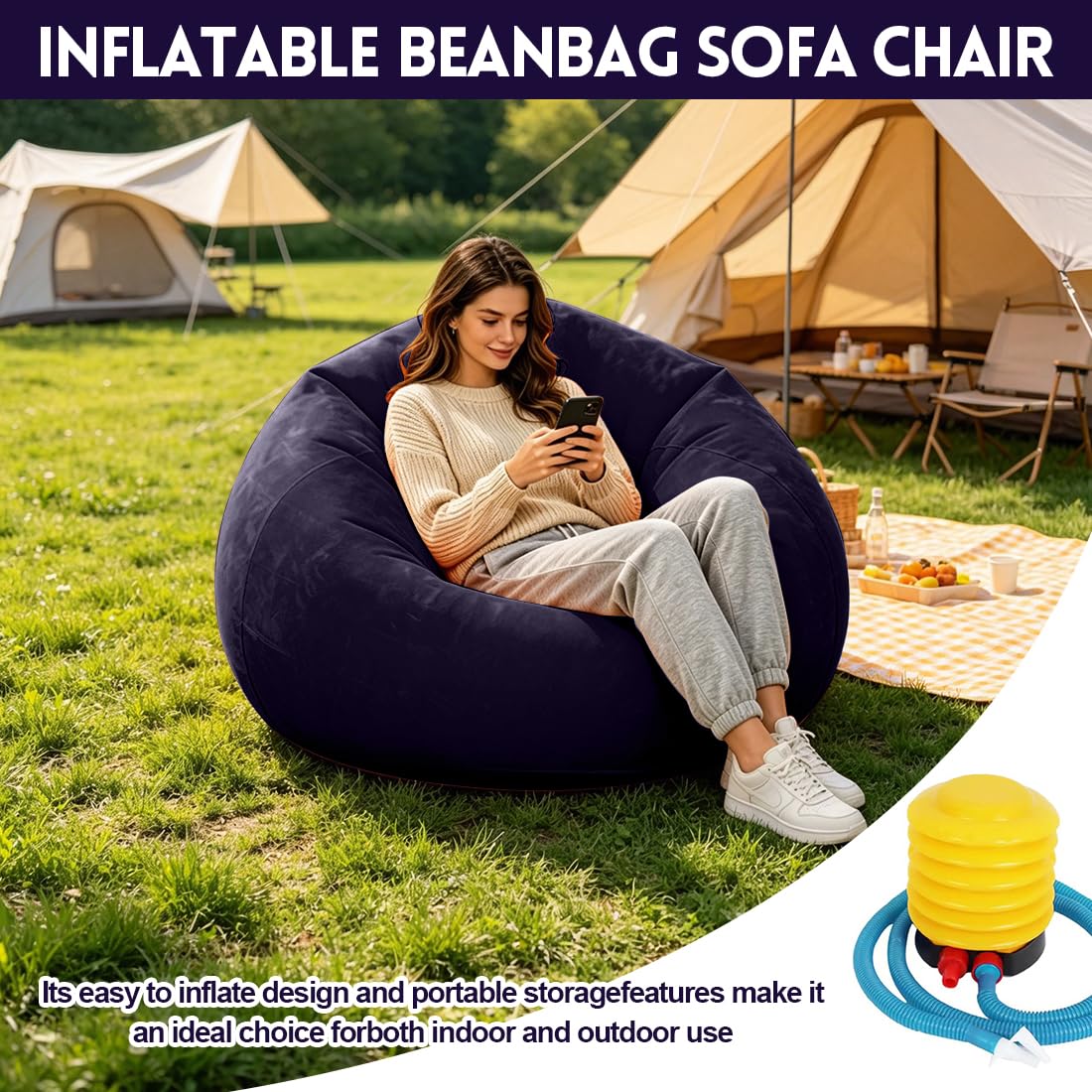 Air Sofa Lazy - No Bean Bag - Canapé gonflable - Lavable - Pour salon, chambre à coucher - Pouf super doux - Bleu