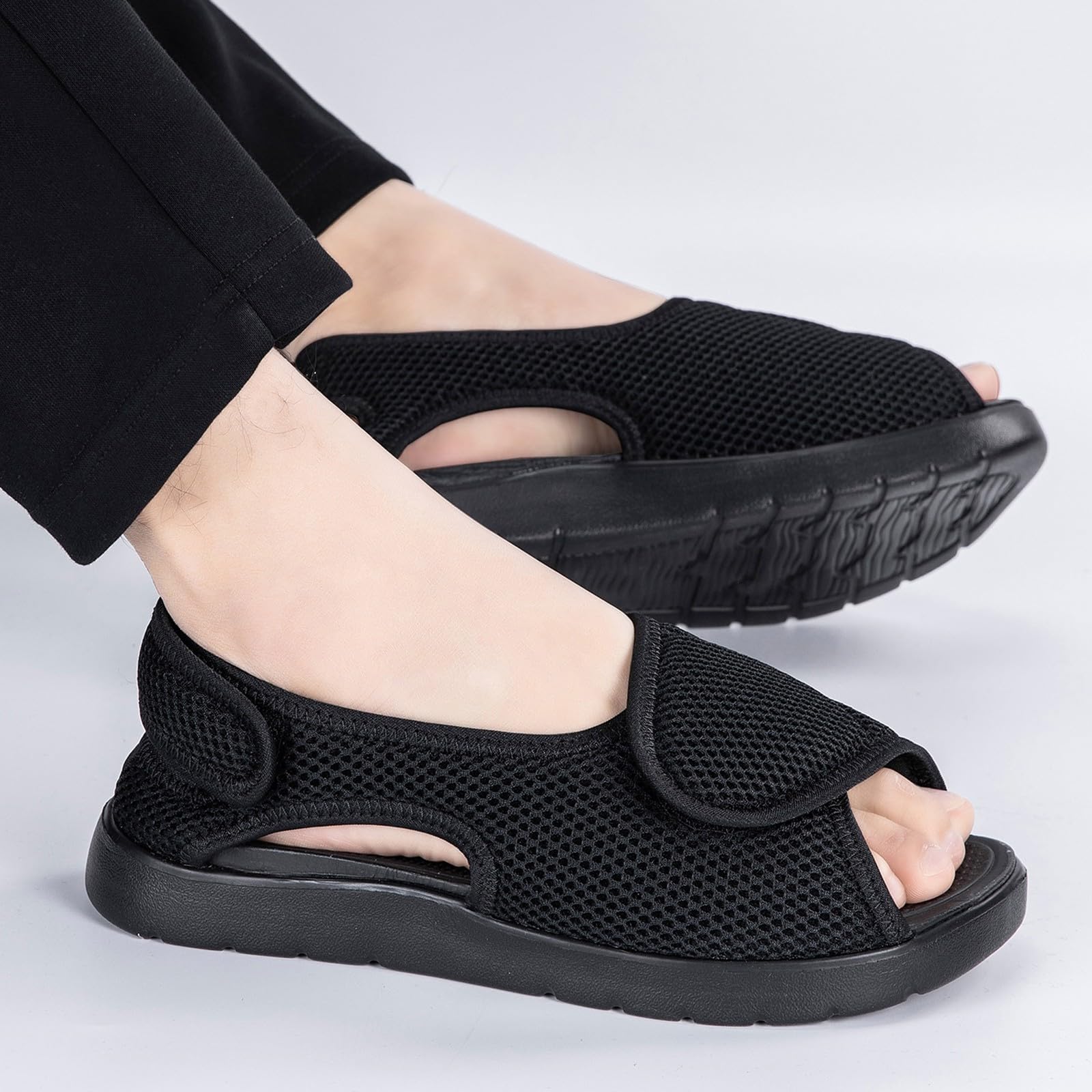 Gaatpot Sandali per Diabetici Donna Scarpe Ortopediche Uomo Larghi a Strappo Sandali Riabilitativi Regolabili Apertura per Piedi Gonfi Nero EU40