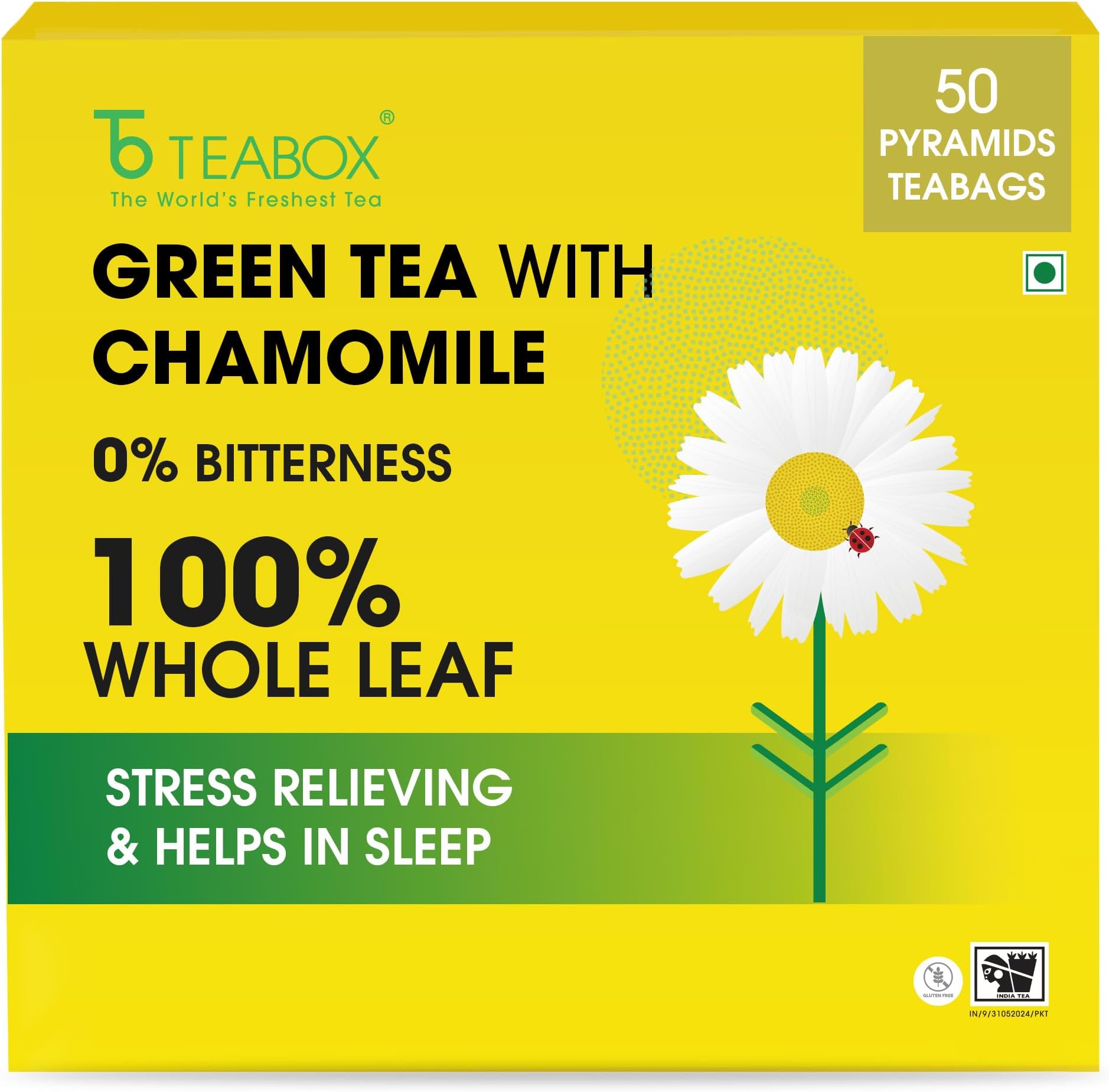 Teabox Chamomile Green Tea 50 Tea Bags | With Egyptian Chamomile Flowers & Whole Leaf Green Tea | Calming Blend for Relaxation & Sleep | Low Caffeine, Fresh & Aromatic