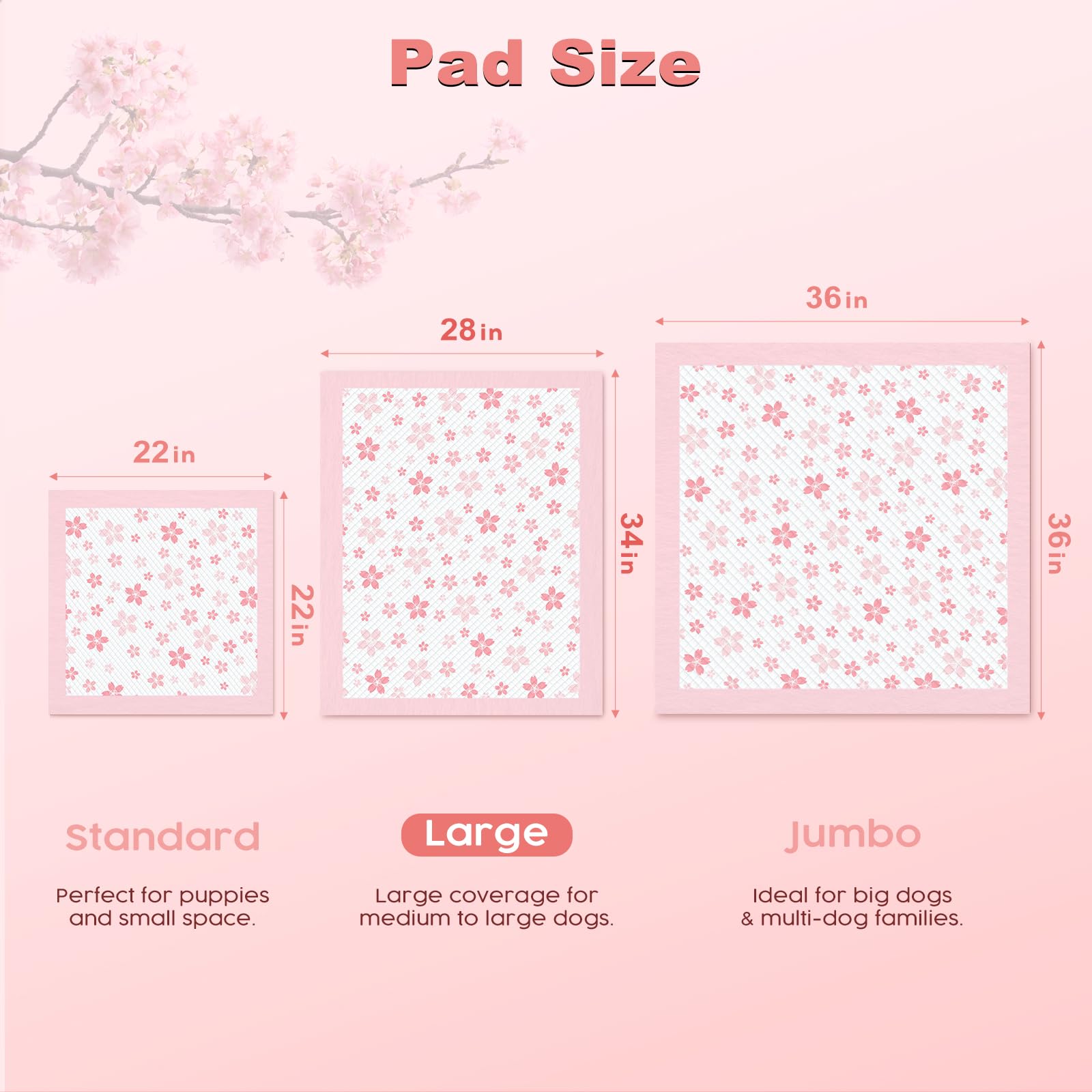 MIZOK Puppy Pads 22"x 22" with Leak-Proof Quick-Dry Design Pee Pads for Dogs Potty Training, 6-Layer Standard Absorbency Dog Pee Pads Regular Size, Pink Cherry Blossom Pattern (50 Counts): 28x34in | 50Ct-Pink