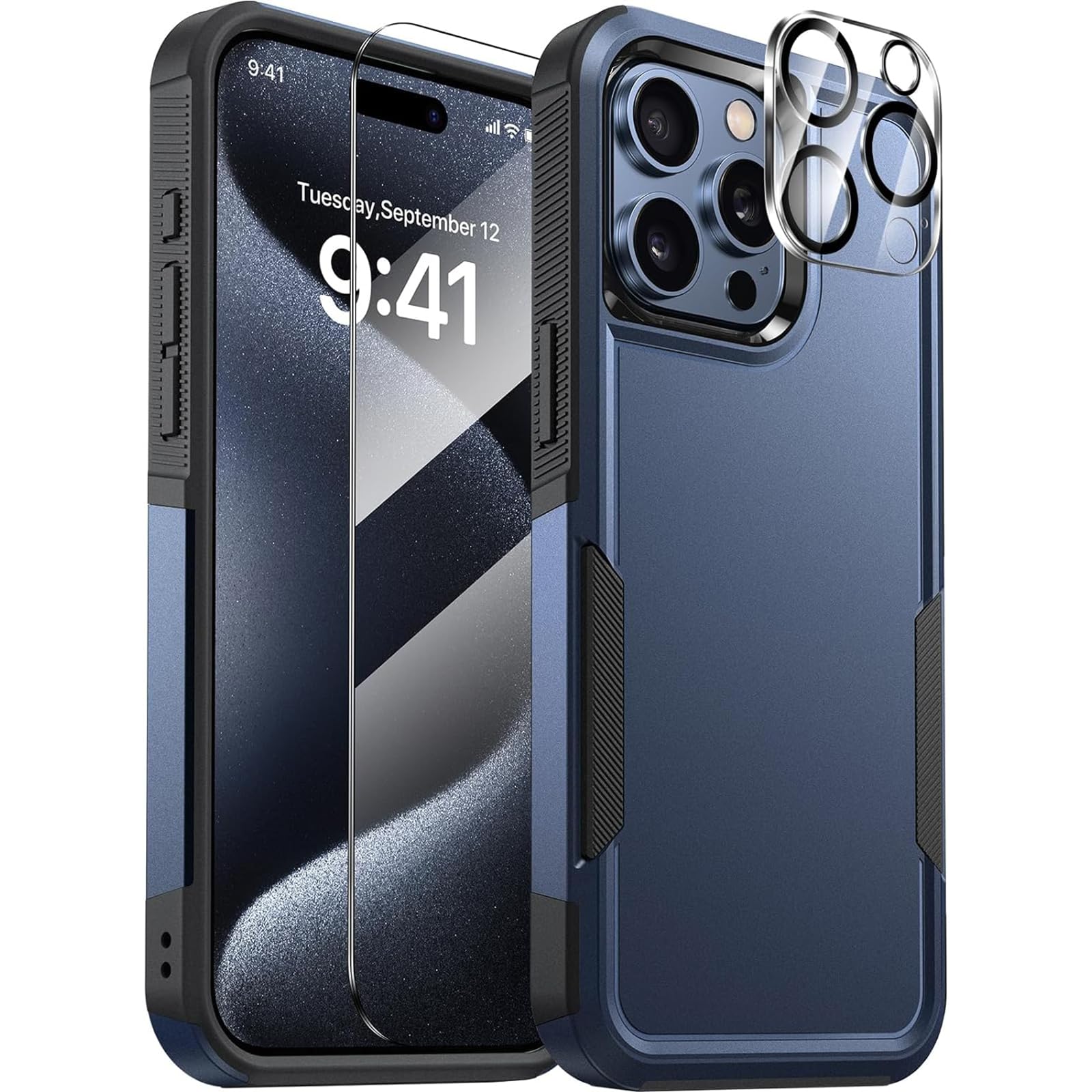 Diaclara Designed for iPhone 15 Pro Case [Military Grade Drop Protection] with 9H Tempered Glass Screen + Camera Lens Protector Heavy Duty Full-Body Shockproof Phone Case for iPhone 15 Pro, Blue