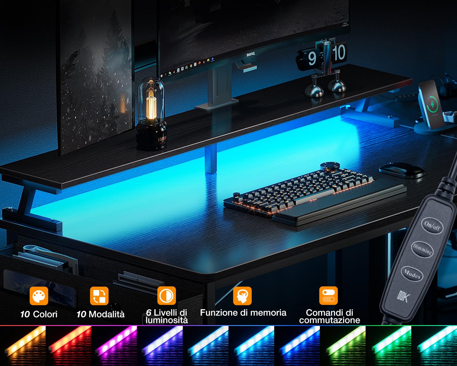 ODK Scrivania Gaming Angolare, Scrivania Angolare Reversibile con 4 Cassetti, Tavolo a Forma di L con LED e 2 Porte di Ricarica USB e 2 Prese di Corrente per Casa Ufficio (Nero, 140x80x84.7cm)