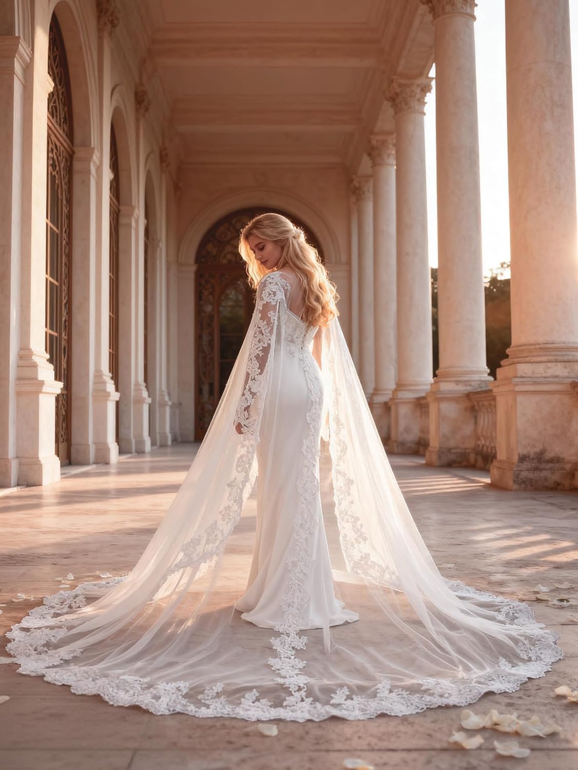 Kelaixiang Women Veil Cape Tulle Lace Applique 3M 4M Wedding Capes Bridal Wraps Long Train Shawls Cloak
