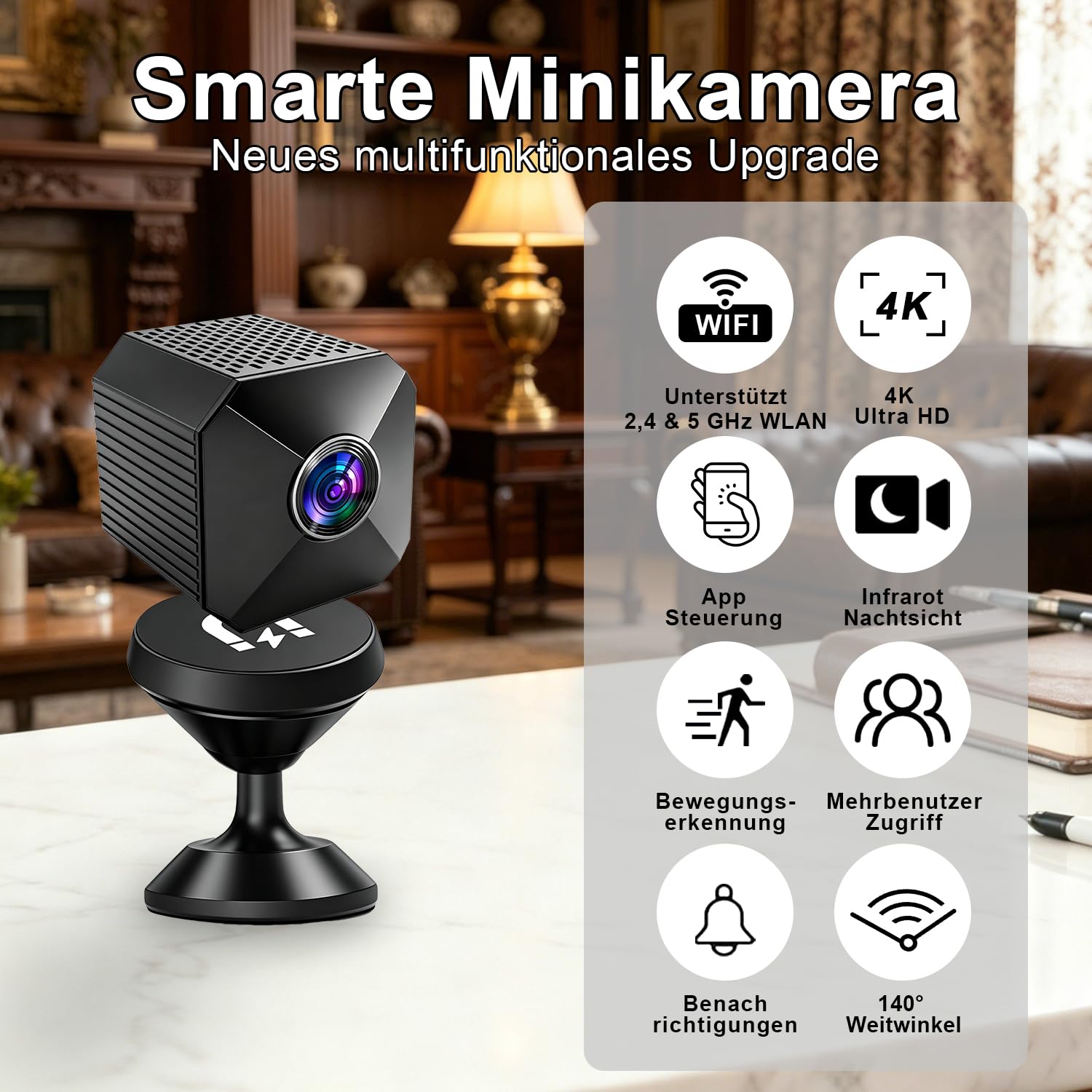 Mini Kamera 4K HD WLAN Kamera - Live Übertragung Handy APP Für WiFi Camera Indoor mit Akku Sicherheitskamera mit Bewegungsmelder/Nachtsich SD/Cloud-Speicher, Ideal für Haus & Haustiere