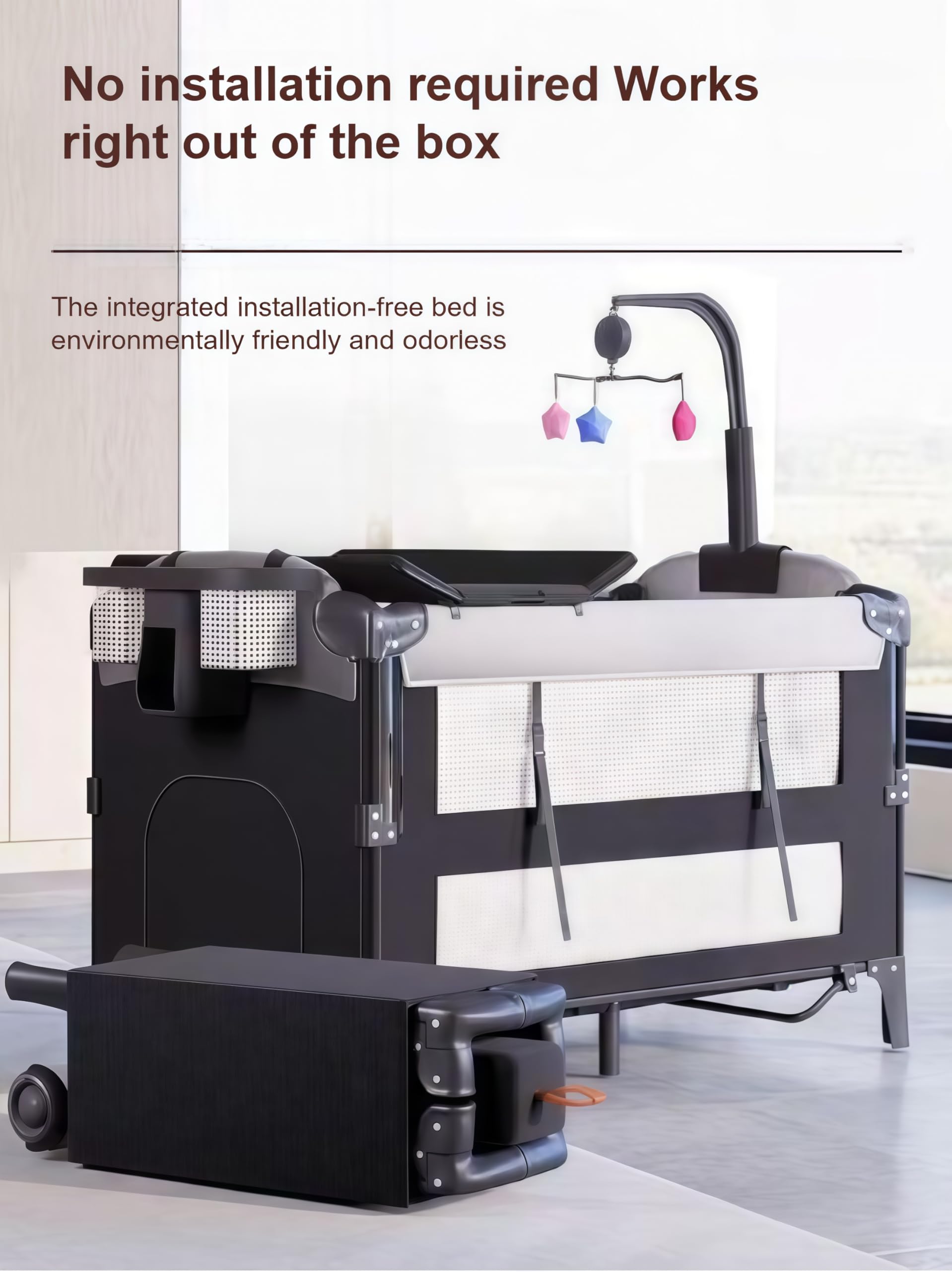 Cuna Colecho Bebe Next to me, Equipado con mosquiteros de Lujo, Cuna Viaje Plegable Multifuncional para, Ruedas móviles y una Gran Cesta de Almacenamiento (6602 Black)