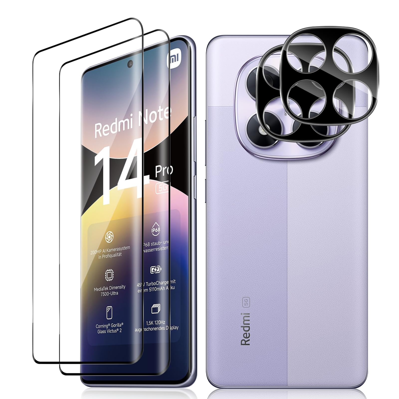 2x Panzerglas Für Xiaomi Redmi Note 14 5G | 9H Härte | Kratzfest & Blasenfrei | Inkl. 2x Kameraschutz