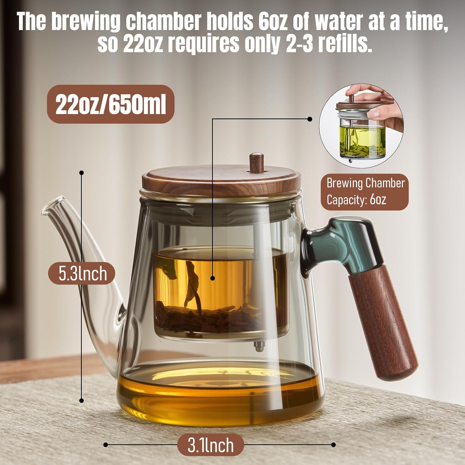 PARACITY Enchanti Tea Pot,650ml/22oz Glass Teapot with Removable Infuser,One Button Press to Filter the Tea Soup,Tea Water Separation Design, Borosilicate Glass Tea Infuser for Loose Leaf Oriental Tea