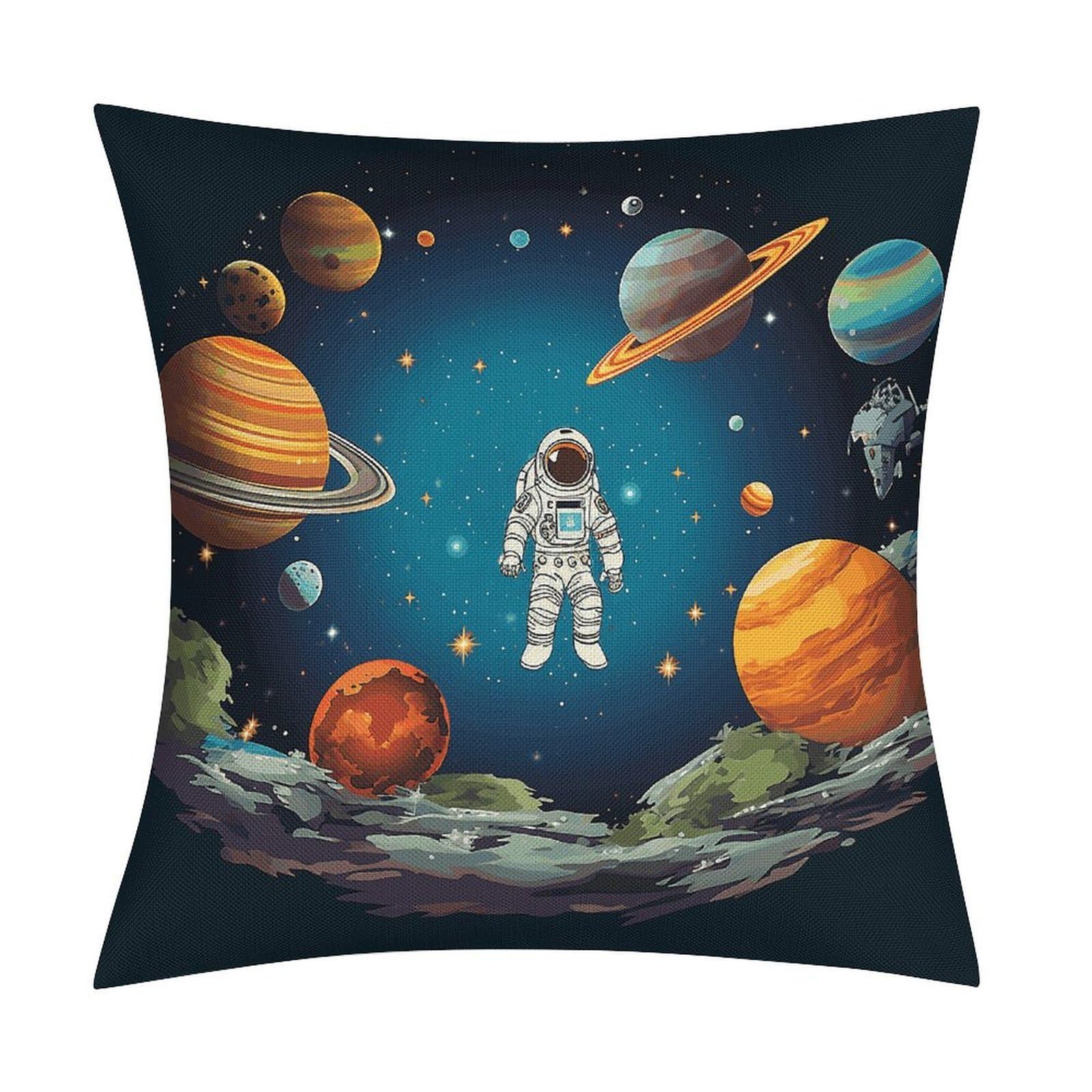 LZQPOEAS Outer Space Rocket Astronaut Throw Pillow Covers, Waterproof Faux Linen Pillow Cases with Invisible Zipper, Decorative Square Cushion Covers for Sofa Couch Living Room Bedroom 18x18 Inch