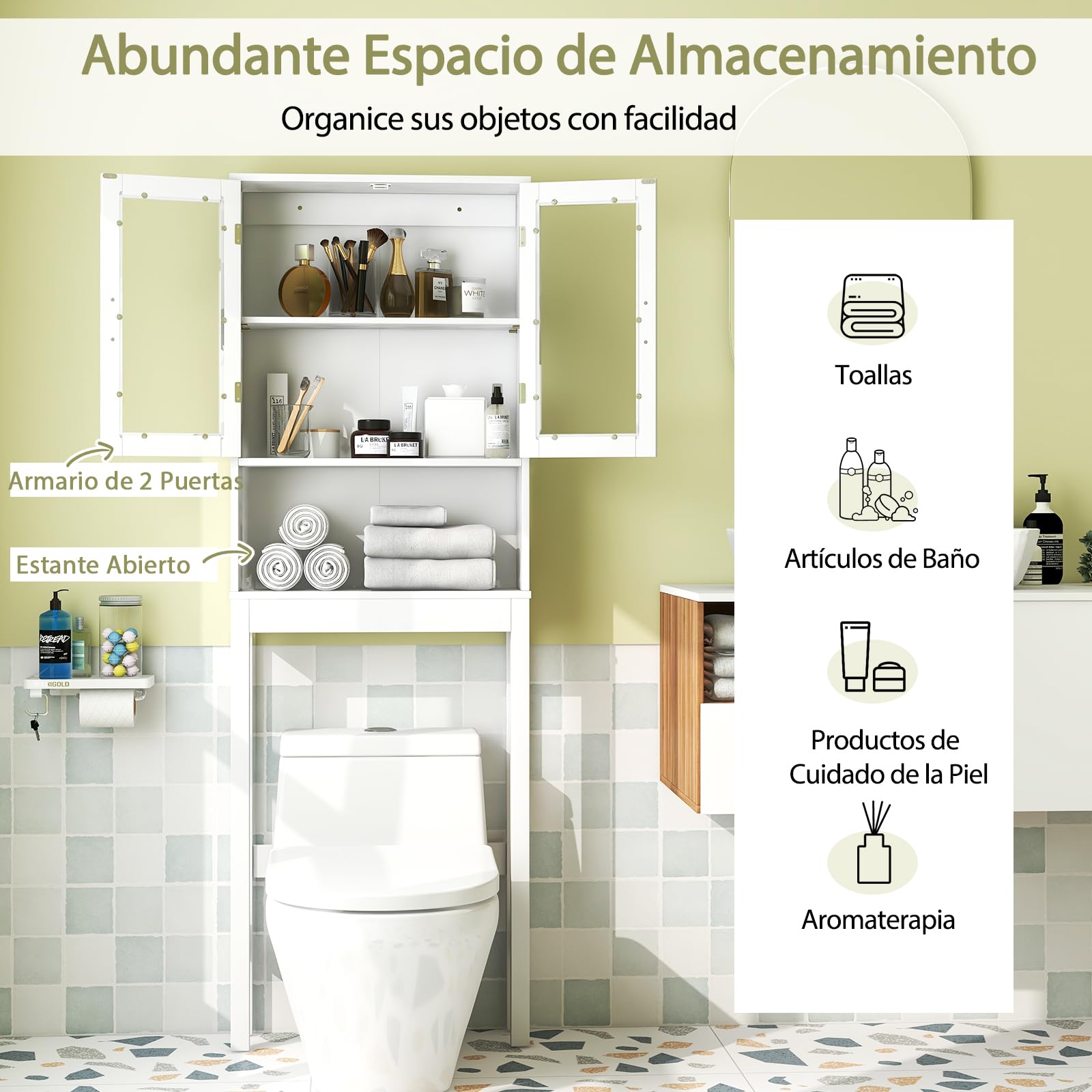 GOPLUS Armario de Almacenamiento sobre el Inodoro, Organizador de Baño con Puerta de Vidrio Templado Doble, Estante Ajustable, Estante Abierto, 170 cm