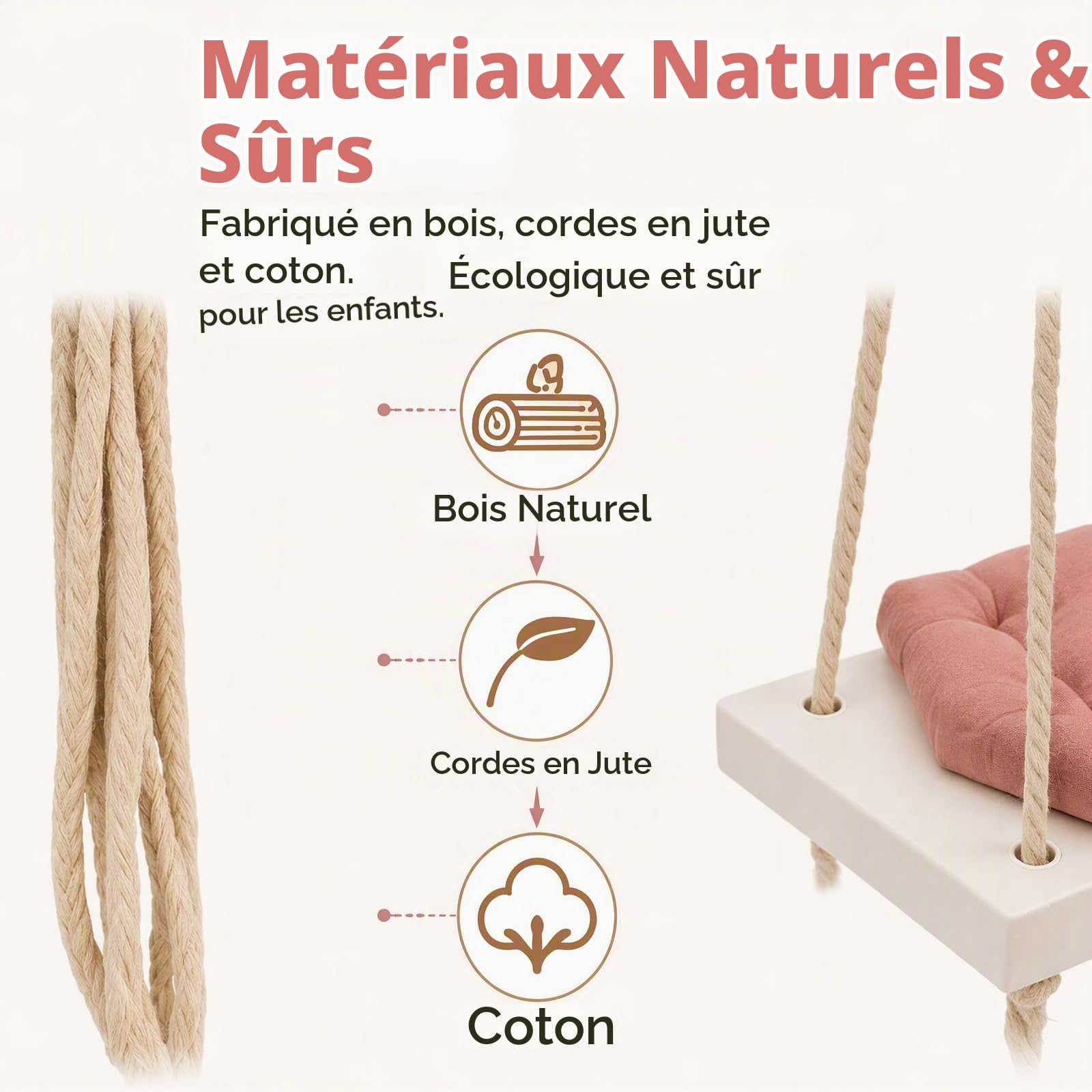 Fauteuil suspendu avec coussin épais - Balançoire en bois épais - Balançoire suspendue rose - Support intérieur/extérieur - Capacité 50 kg