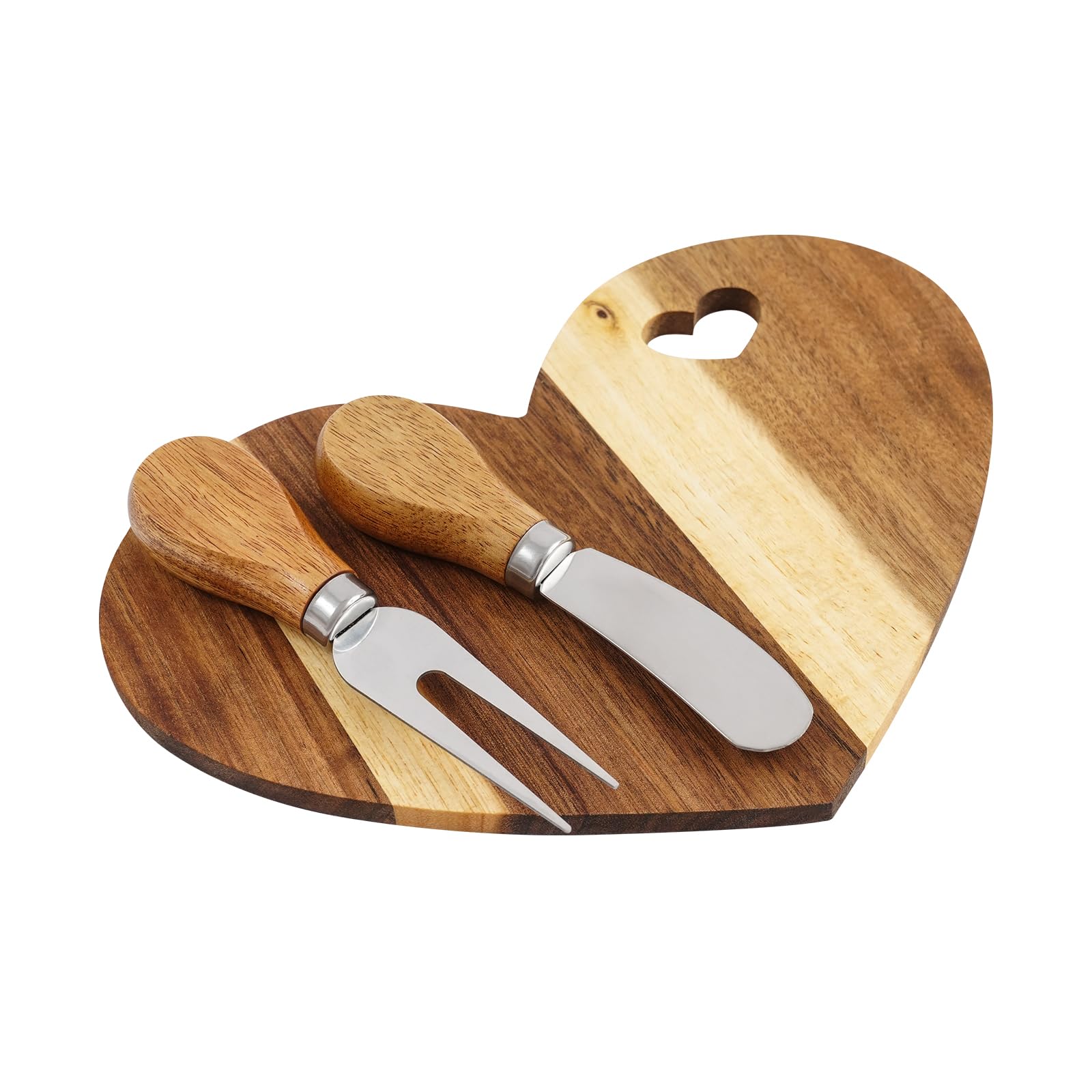 18-teiliges Käsebrett mit Käsemesser Set, Holz Käseplatte Herzform aus Akazienholz, inkl. 18 Messer & 18 Gabeln, Schneidebrett für Käse, Obst & Dessert, Geschenkbox mit Dankeskarte
