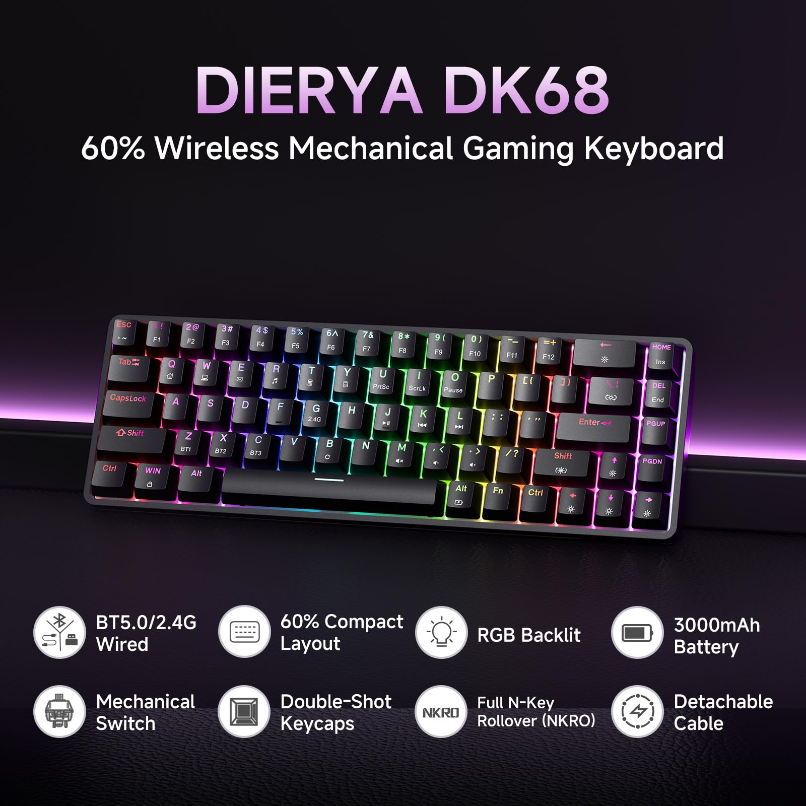 Dierya DK68 Tastiera Gaming Wireless,60% Tastiera Meccanica Bluetooth/2.4G/USB-C RGB,Interruttore Rosso,Double-Shot ABS Keycaps Compatibile con Win/Mac,Nero(Layout US,QWERTY)