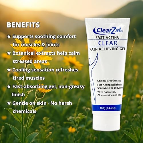 Miniatura 3 de ClearZal Gel transparente para aliviar el dolor de acción rápida con crioterapia refrescante, boswellia y glucosamina para dolores musculares y