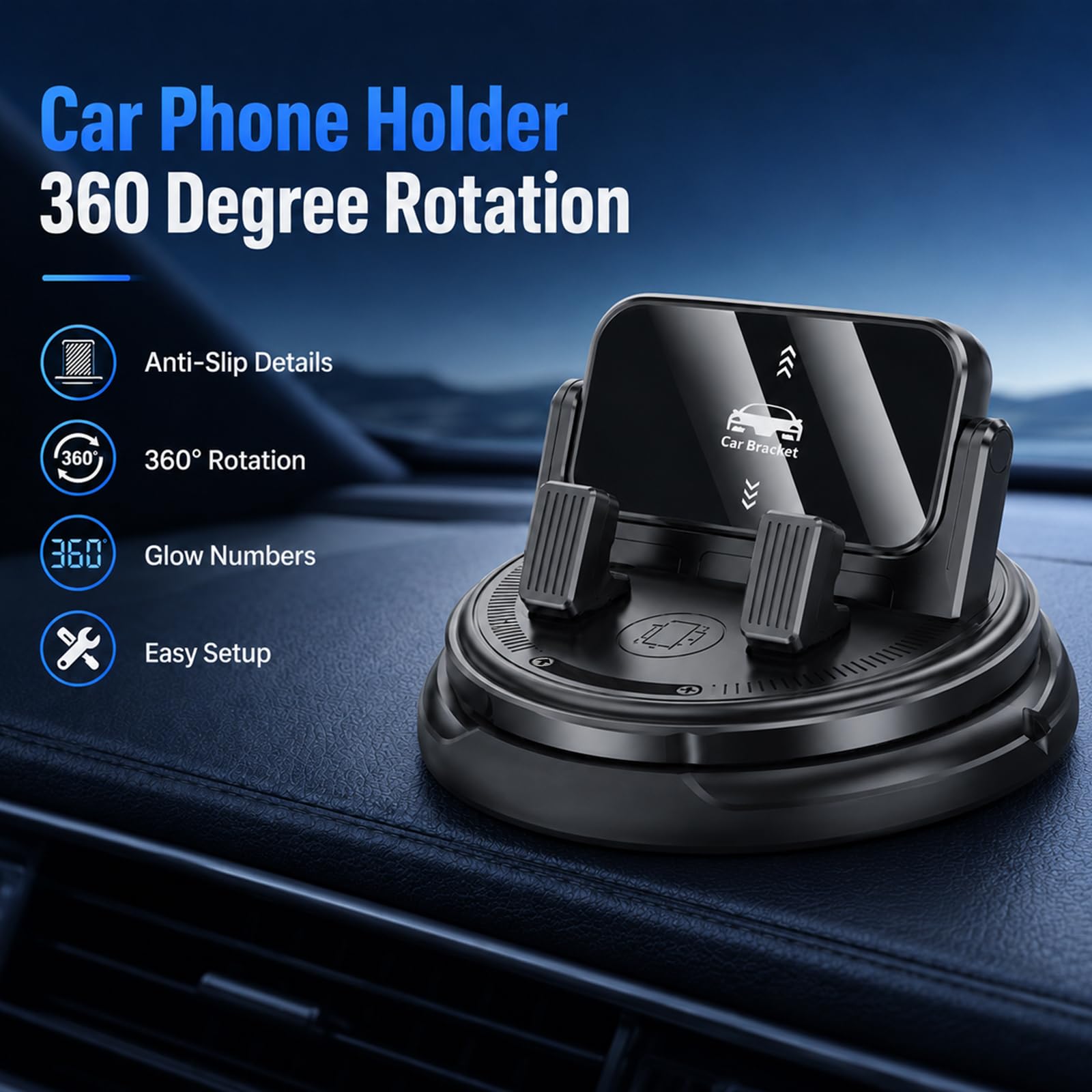 Soporte para teléfono de coche con rotación de 360 grados, soporte de teléfono para salpicadero con clip de resorte ajustable, soporte universal ajustable para teléfonos inteligentes