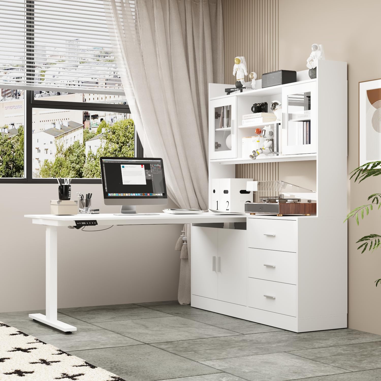 Hitow Electric Standing Desk with Bookshelf, L Shaped Computer Desk with Storage, Height Adjustable Stand up Office Table, 59" W Large Workstation