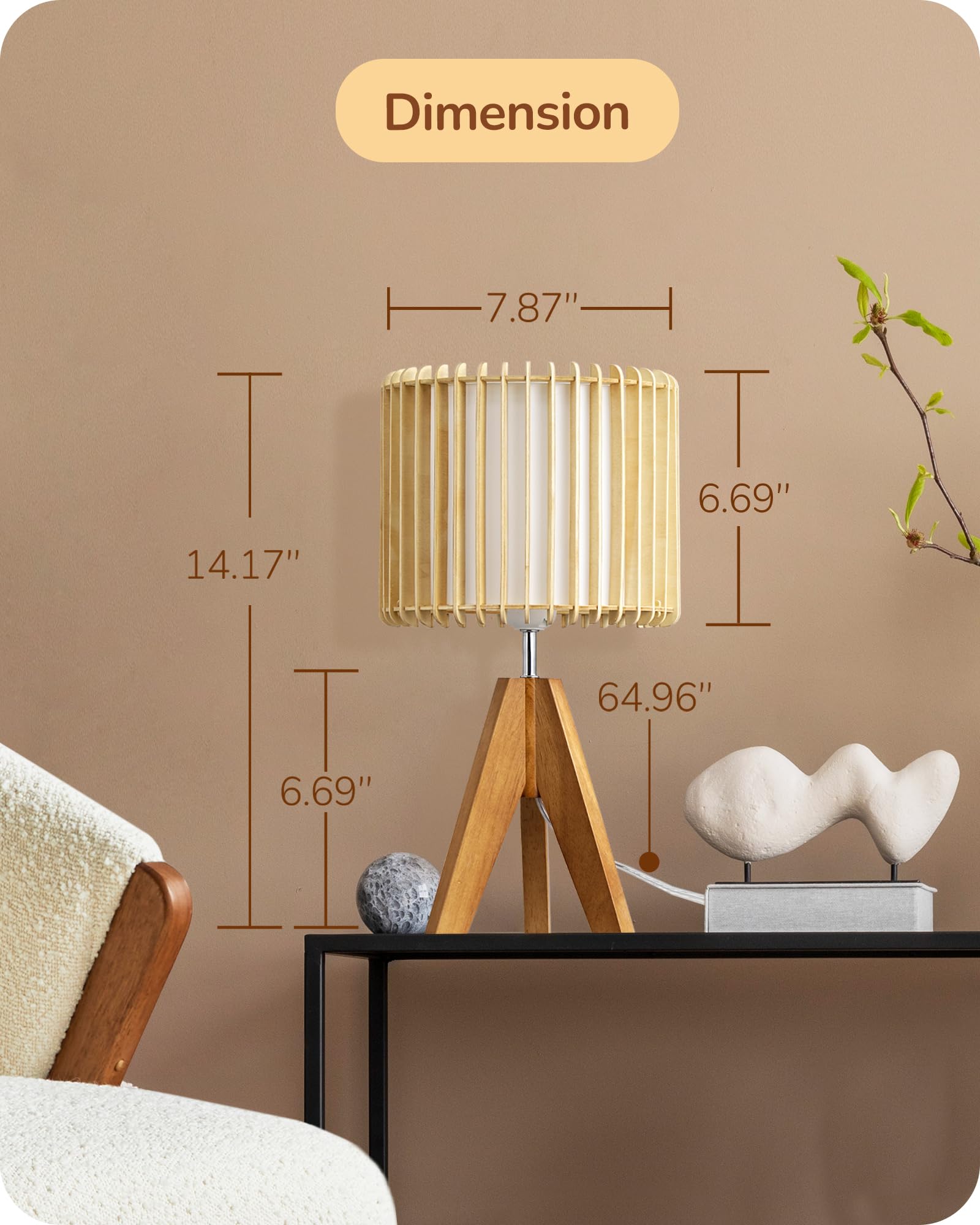 Lámpara de mesa pequeña de 14.17 pulgadas, lámpara de noche con trípode de madera, pantalla hueca de PVC blanco y madera natural, base E26, lámpara de mesita de noche bohemia para dormitorio, 5