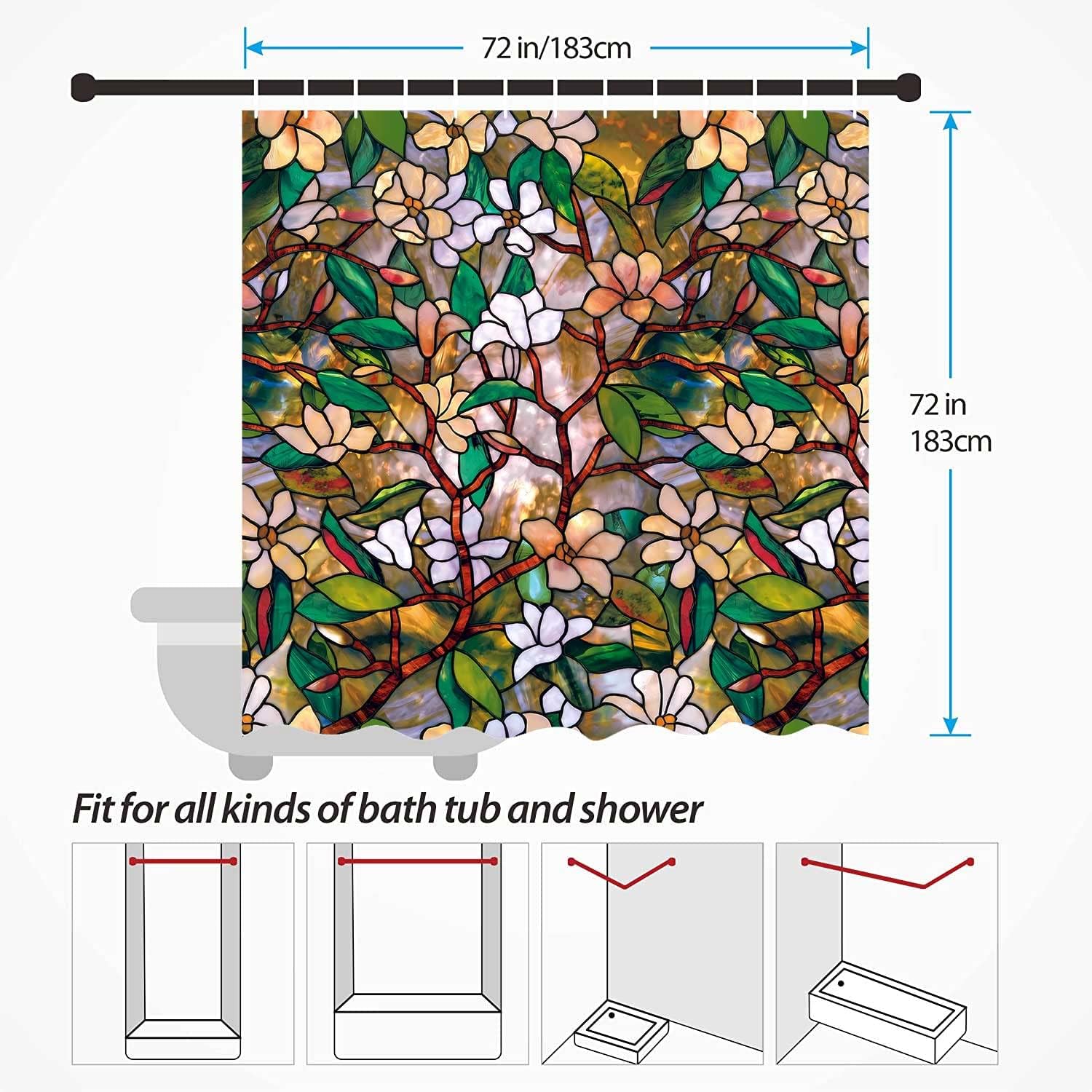 Abstract Window Floral Bathroom Shower Curtain Stained Glass Window Green Leaves White Flowers Bathing Curtains Washable Plant Leaf Fabric Set with 12 Hooks 72 x 72 Inches