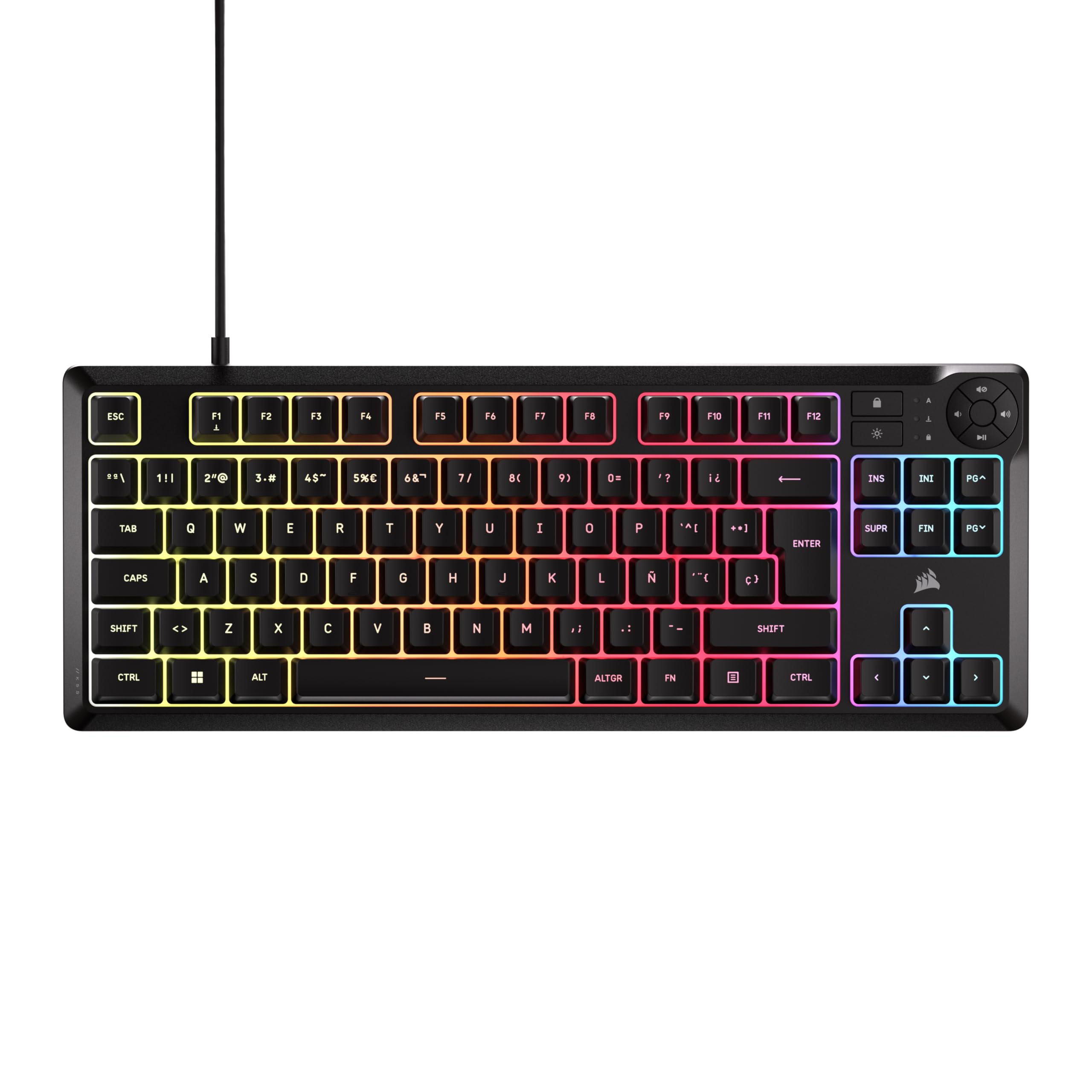 Corsair K55 Core TKL Teclado Gaming RGB – Tenkeyless, 8 Zonas de RGB, Teclas Silenciosas de Membrana, Resistente a Derrames, Controles Multimedia, Sondeo 1000Hz – Diseño ES – Negro