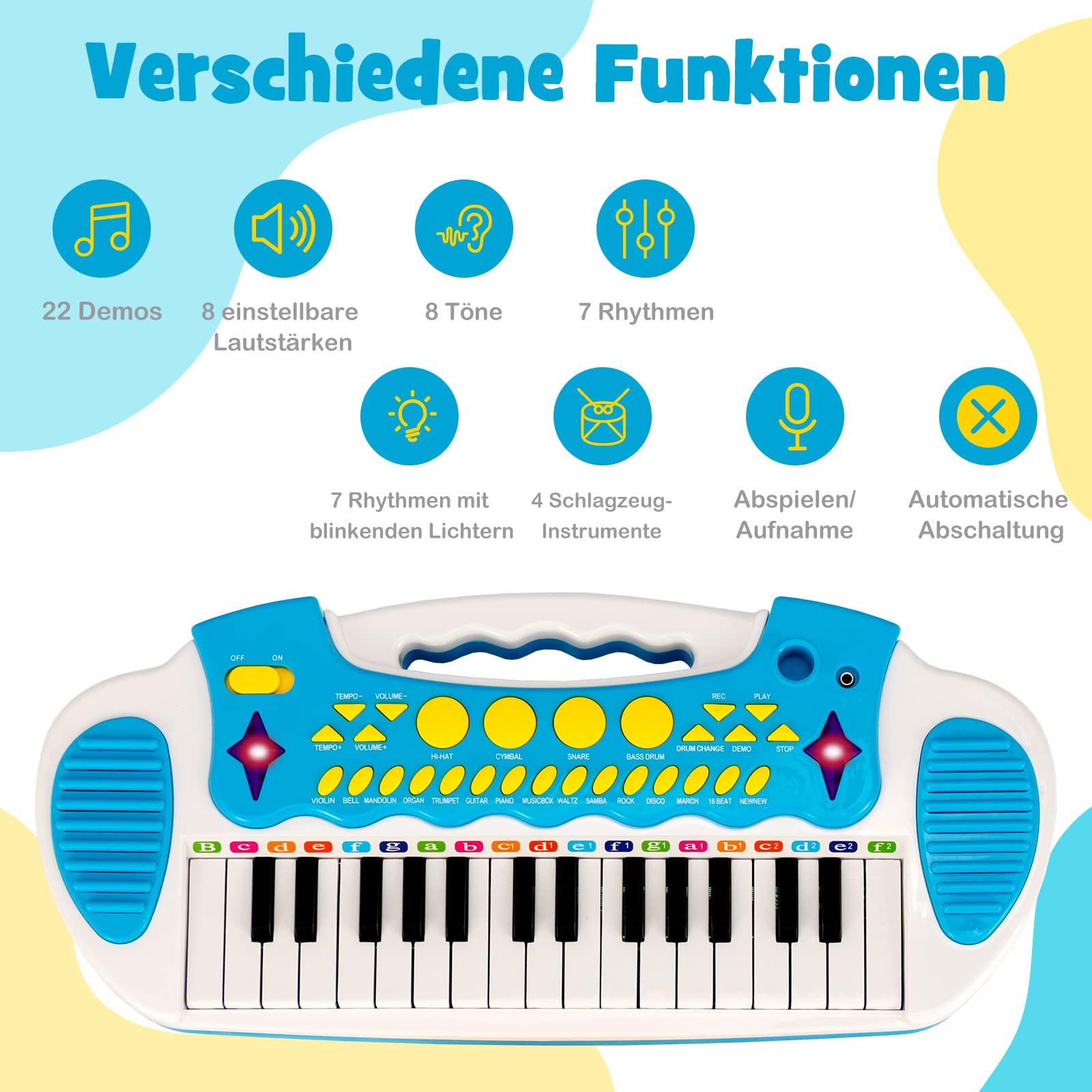 COSTWAY Kinder-Keyboard mit 31 Tasten, tragbares Musikinstrument mit Mehreren Sounds & Lichteffekten, verstellbarem Mikrofon & Hocker, niedliches Spielzeug-Klavier für Kinder ab 3 Jahren (Blau)