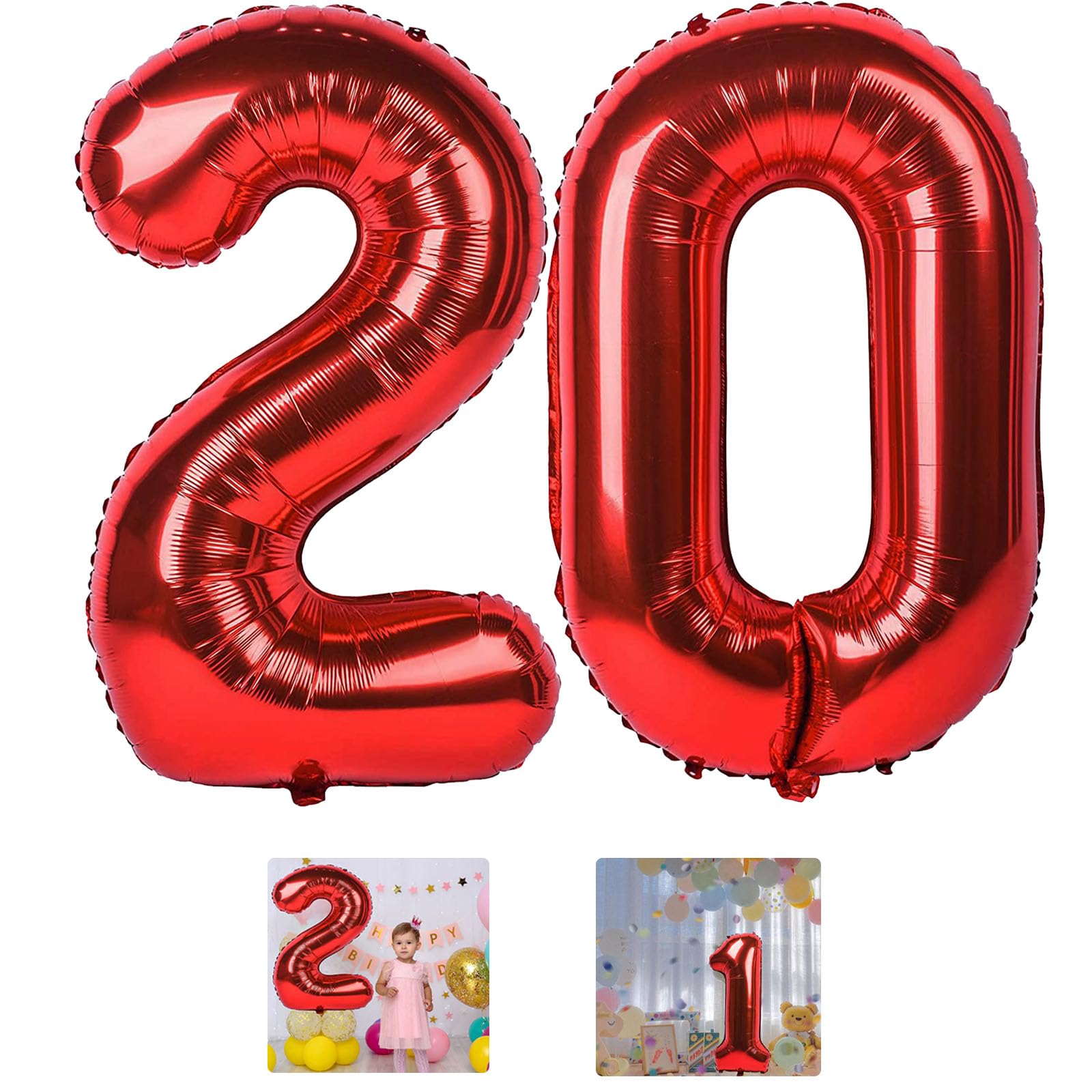 20 Number Balloon Red 40 inch Big Foil Mylar 20th Balloons for 20 Year Old Boy Girl Birthday Party Decorations Wedding Anniversary Events Supplies