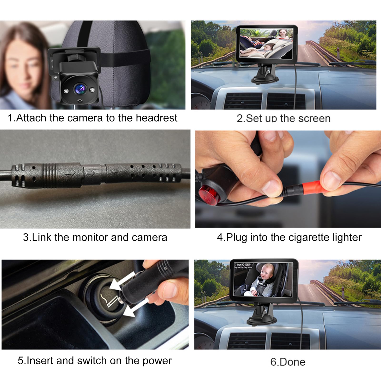 Cámara para automóvil de bebé con pantalla IPS de 7 pulgadas - Espejo doble de asiento trasero 1080P para vehículo - Vista gran angular de 150 grados con visión nocturna por