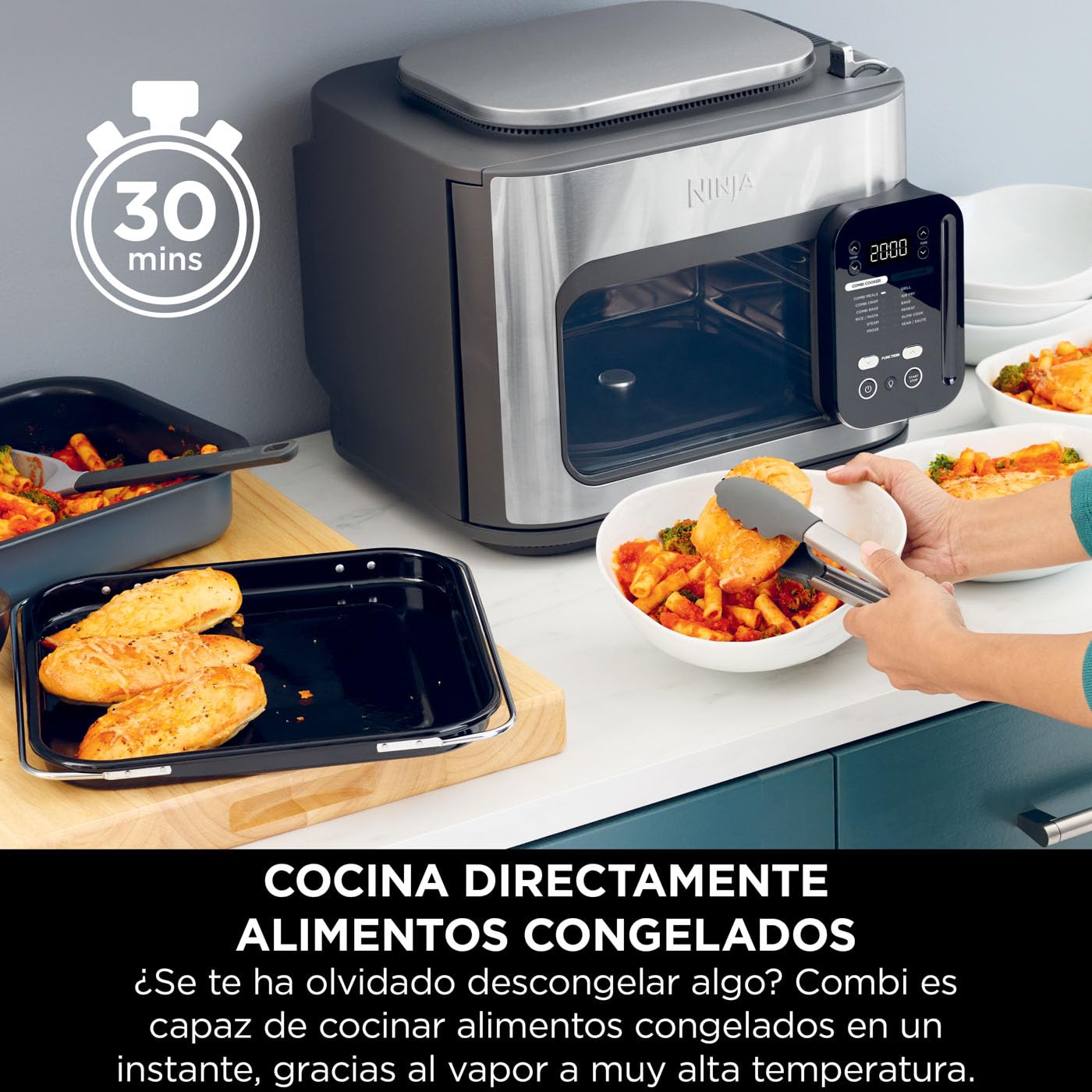 Ninja Combi Olla Eléctrica Multifunción 12 en 1 con Horno y Freidora de Aire - Comidas Familiares en 15 Minutos - Incluye Bandeja para Hornear, Fuente de Horno y Guía de Recetas - Gris, SFP700EU