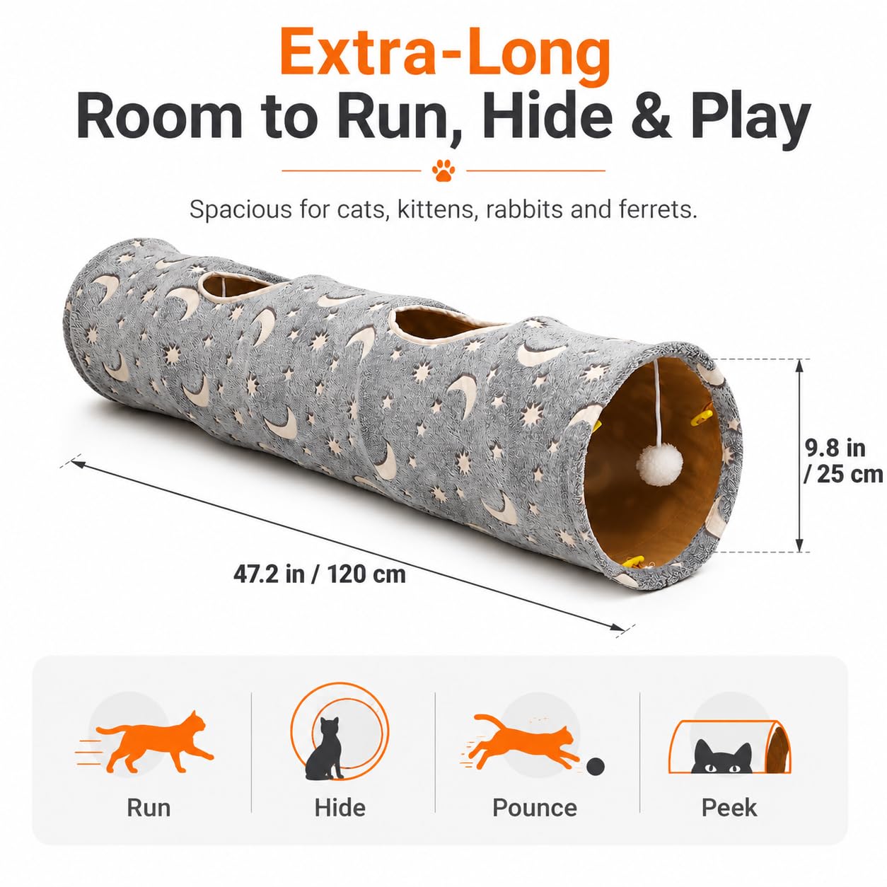 Tubo de túnel de gato con bola de peluche, plegable, fotoluminiscencia luminosa, para mascotas pequeñas, conejos, gatitos, hurones, cachorros y perros, estrella de luna gris