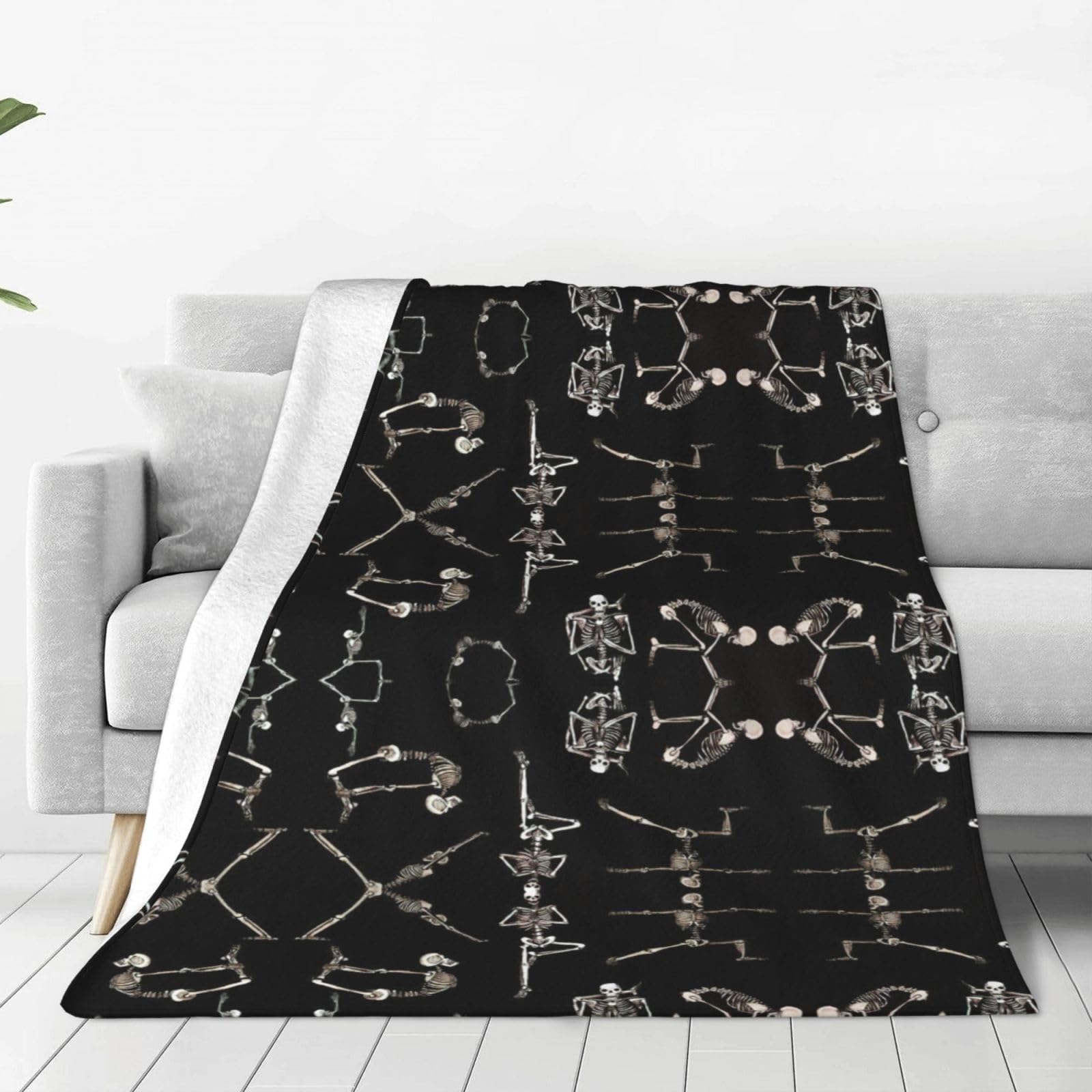 Couverture flanelle chaude anti-boulochage avec motif original de squelettes yoga
