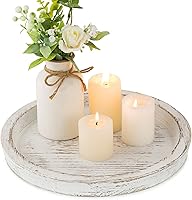 Hanobe Round Whitewashed Paulownia Wood Candle Tray - Rustic Farmhouse Decorative Holder for Tealights, Pillars & Coffee Table Centerpieces