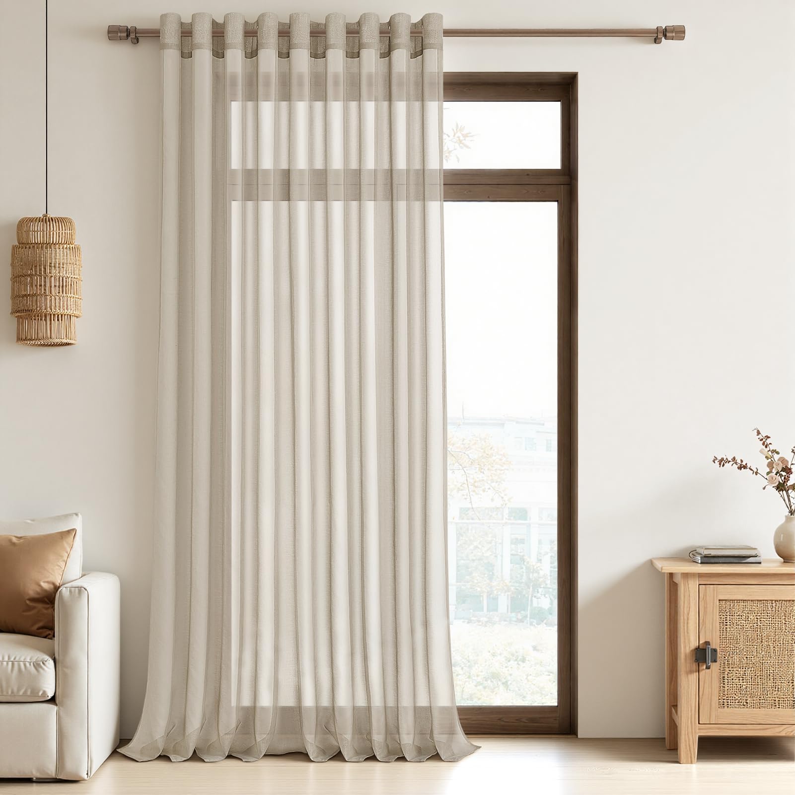 MRTREES Sheer Eyelet Curtains, White Net Voile Curtains for Bedroom and Living Room, Faux Linen Eyelet Curtain Beige โ image 1