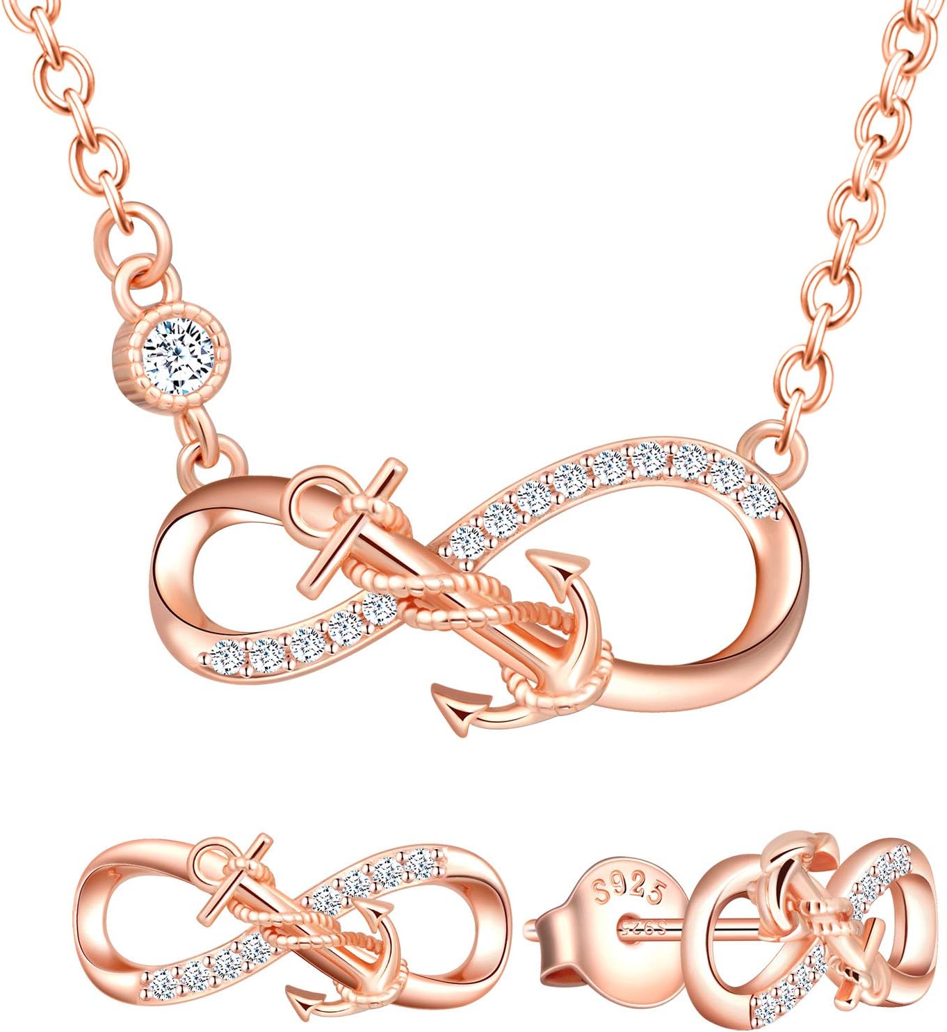 Yumilok Infinity Nautical Anchor Necklace Earring Set 925 Sterling Silver Earrings Studs Pendant Necklace Jewelry Set for Women Teen Girls Christmas Valentines Day Anniversary Mom Wife Birthday Gifts