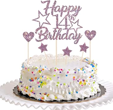 Purple Glitter Happy 14th Birthday Cake Topper with Cupcake Toppers - 14th Birthday Cupcake Decoration, 14th Birthday Cake Decor for Boys or Girls
