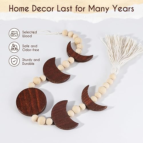 Miniatura 4 de Ausicfen Fase lunar colgante de madera con borla fases de la luna decoración bohemia para el hogar sala de estar dormitorio oficina beige