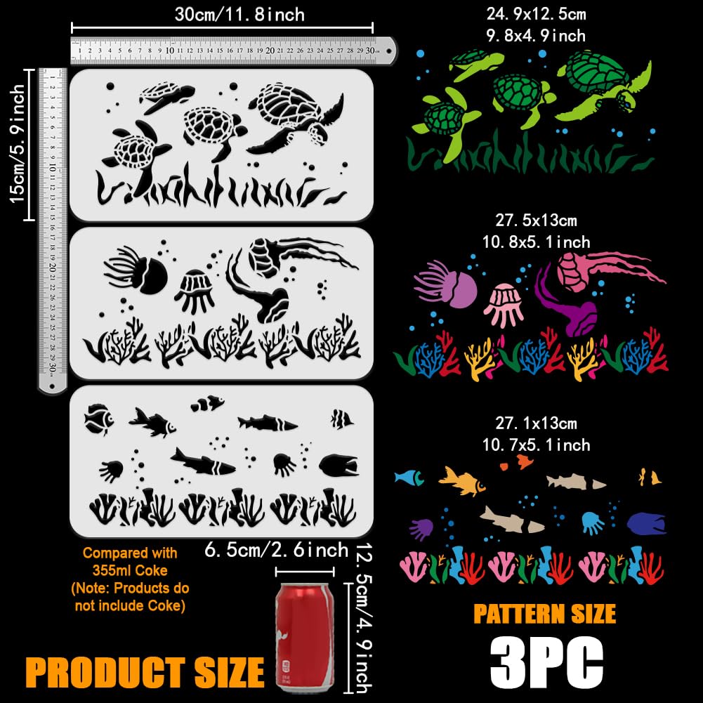 FINGERINSPIRE 3Pcs Marine Life Border Stencils 30x15cm Turtle Seaweed Jellyfish Sea Animal Coral Marine Plant Painting Stencil Summer Ocean Theme Spraying Template for DIY Craft Home Furniture Decor - Image 2