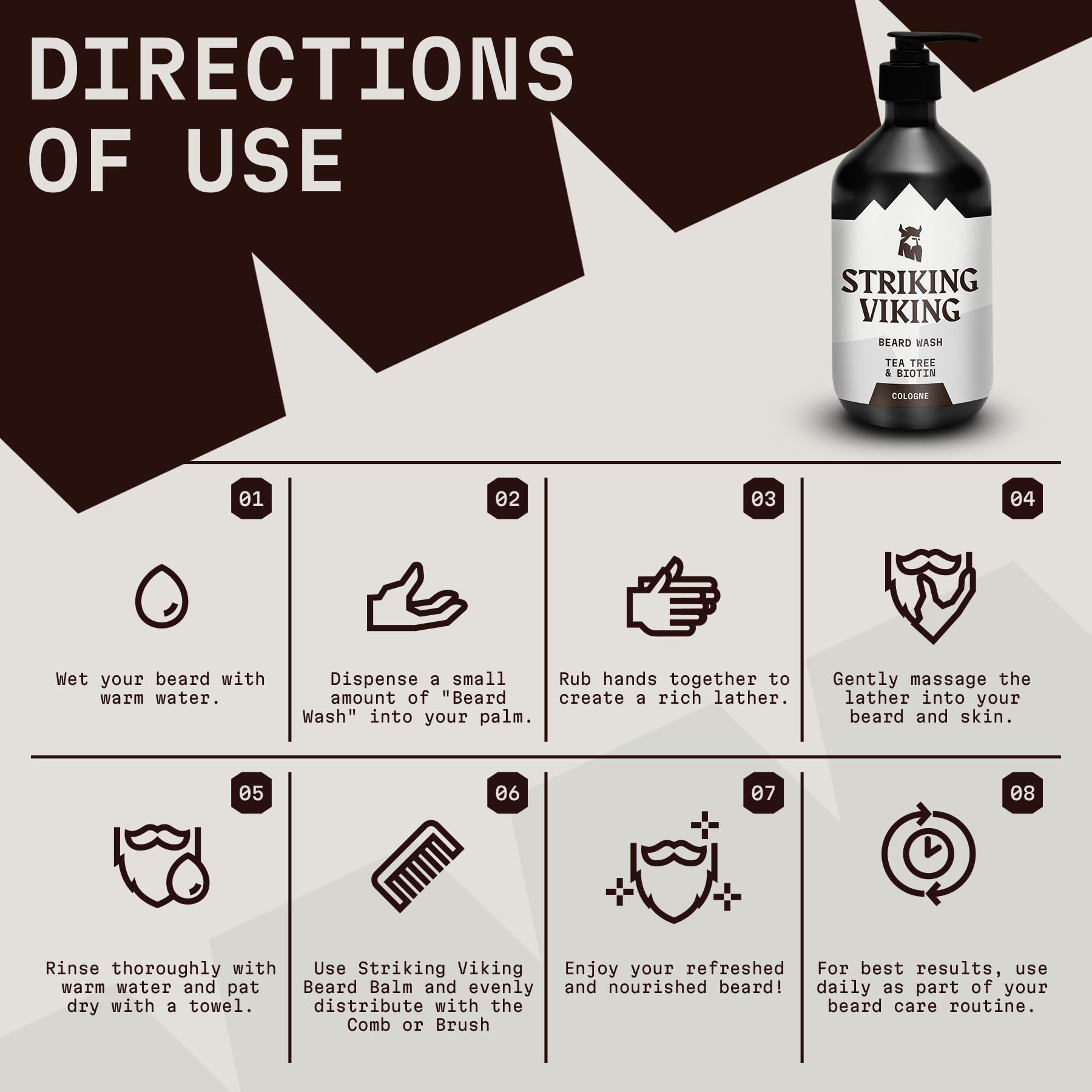 Striking Viking - Sapone da barba - 17 once, olio di tea tree naturale e biotina - Shampoo da barba al profumo di colonia senza parabeni e solfati per gli uomini - Pulizia e cura profondi