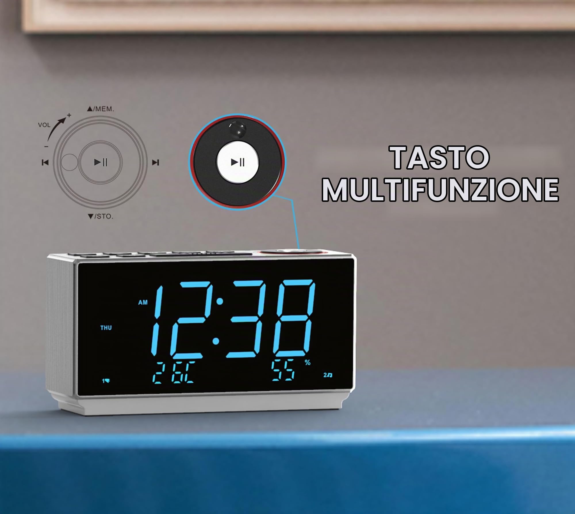 iTOMA Sveglia con radio FM, Ricarica USB, Display LED Blu Ghiaccio da 1,8", Luce Notturna, Doppio Allarme, Snooze, Controllo Dimmer, Orologio Elettronico da Comodino CKS508