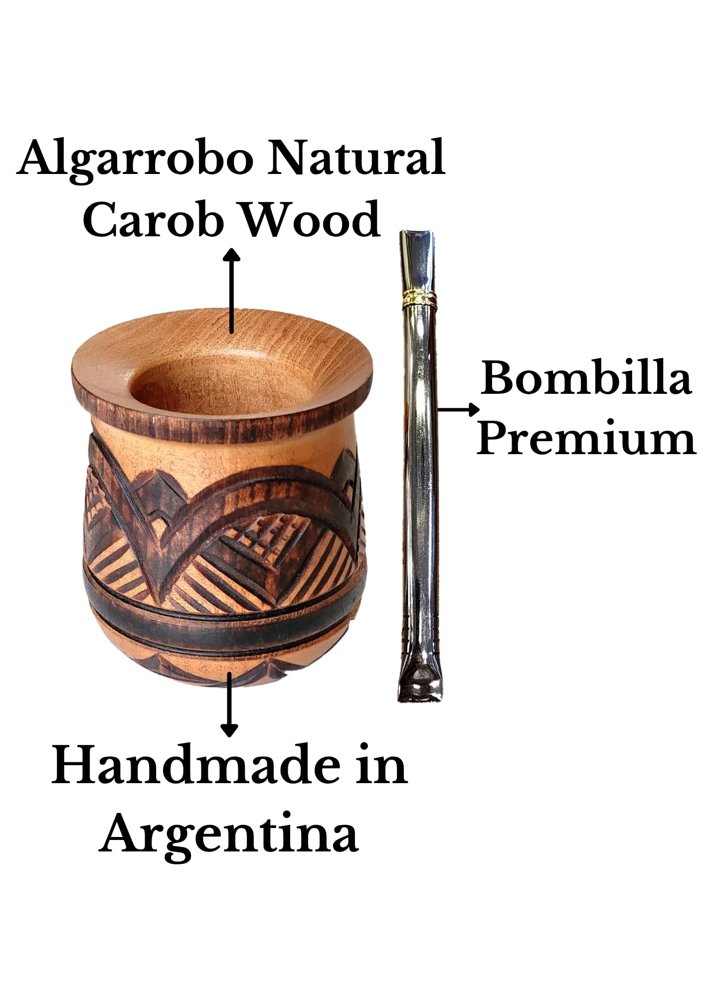 Vaso Mate Argentino Original, Hecho a mano en Madera de Algarrobo Tallado a Mano por Artesanos Argentinos Premium (Tallado a Mano)