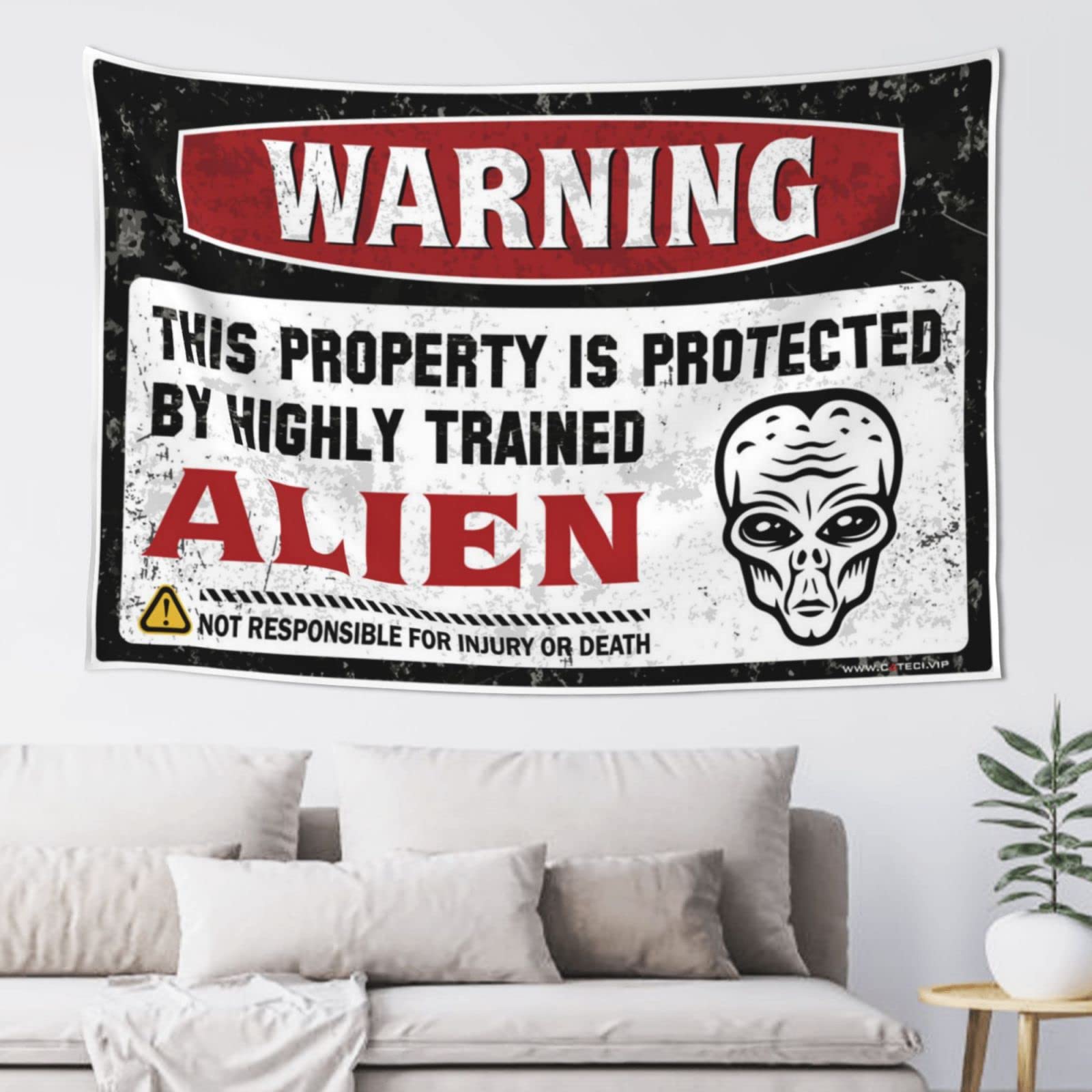 Pravoxi Men's One Color Funny Kitchen Decor Warning This Property Is Protected By A Highly Trained Alien Tapestry Decor Asthetic Room Decore(100X150cm)