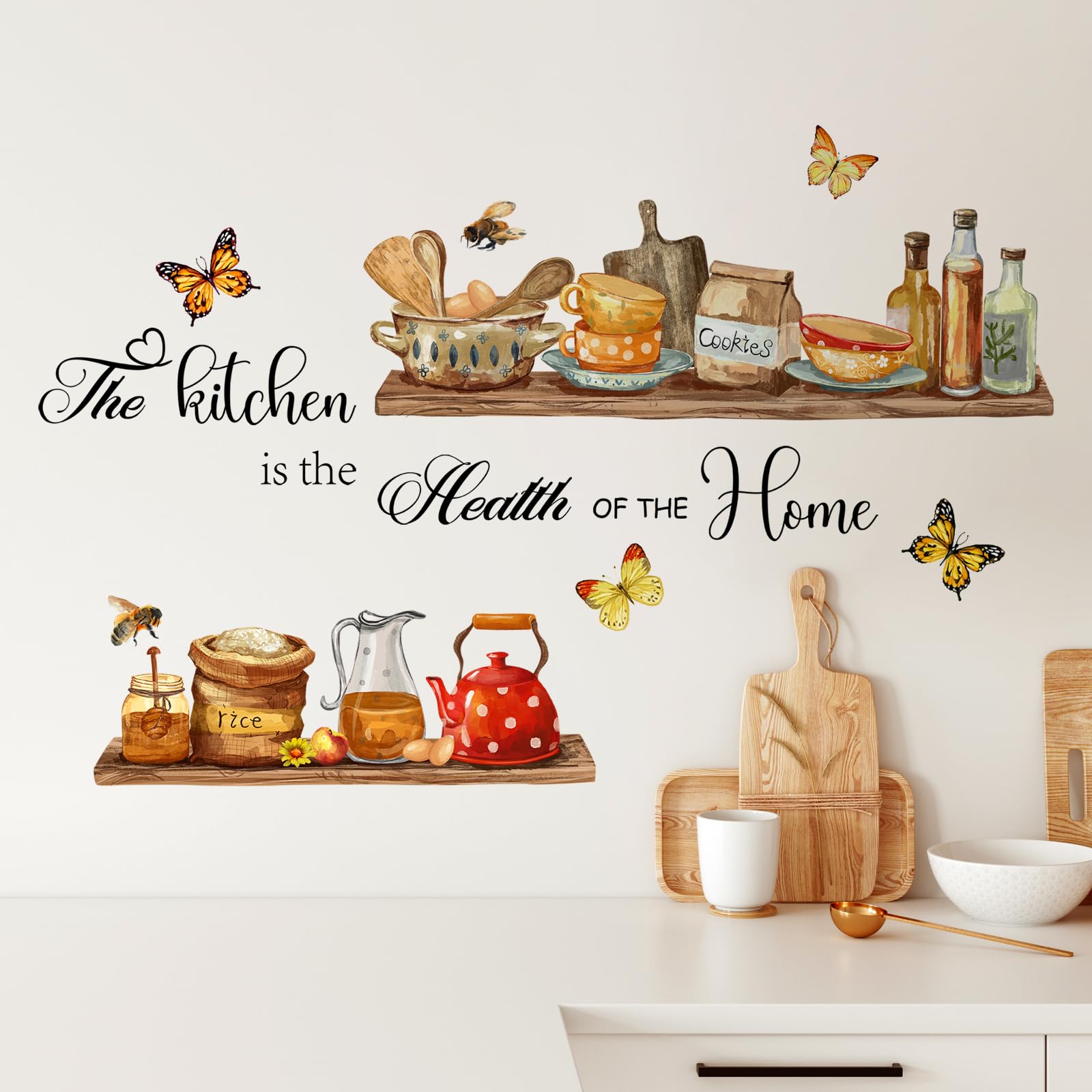 Kitchenware Wall Stickers Teapots Jars Cookie Rice Wall Decals Peel and Stick Kitchen Quote Wall Art Decors for Kitchen Dining Room Restaurant Bar Wall Decor